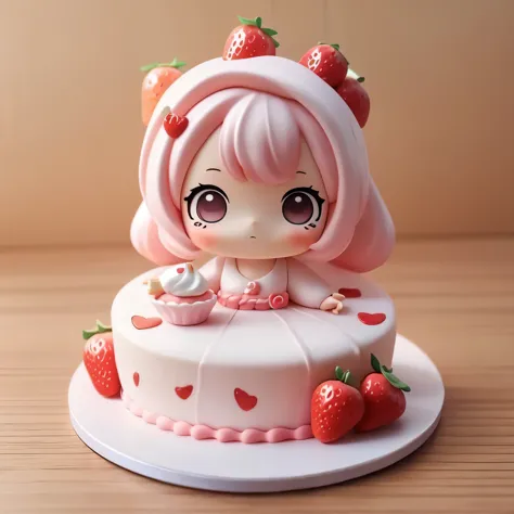 Photoreal、anime character（chibi girl、The lines are thick、Deformed）There is a whole cake with a picture of、strawberry、Whipped cream