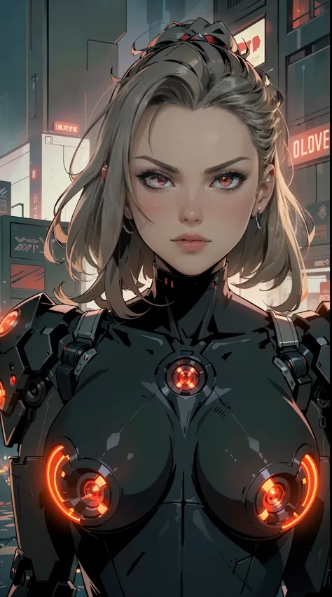 (best quality,ultra-detailed,realistic:1.37),woman cyborg,red eyes,evil,anime,huge ,sleek metallic body,expressionless face,glow...