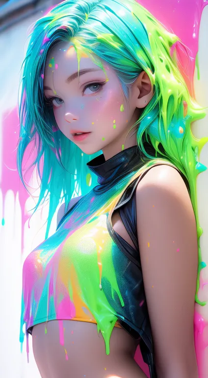 (paint splashes)，Colorful nipples，Glow color，lights，girl，look at the camera，slime girl，Flowing tank top shorts，towards the wall，...
