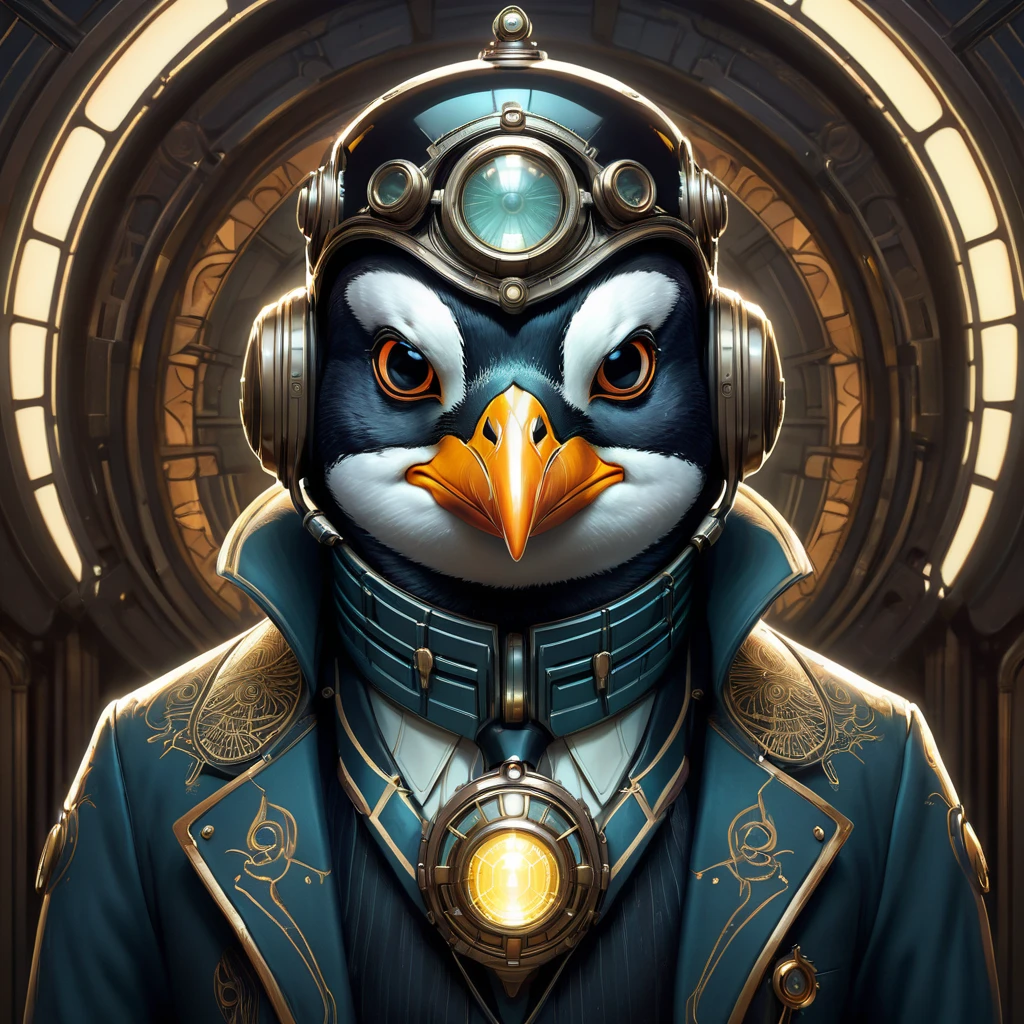 Symmetry, aesthetic, extremely detailed, symmetrical, Symmetry portrait of penguin from bioshock, vintage, sci-fi, tech wear, glowing lights intricate, elegant, highly detailed, digital painting, artstation, concept art, smooth, sharp focus, illustration, art by artgerm and greg rutkowski and alphonse mucha