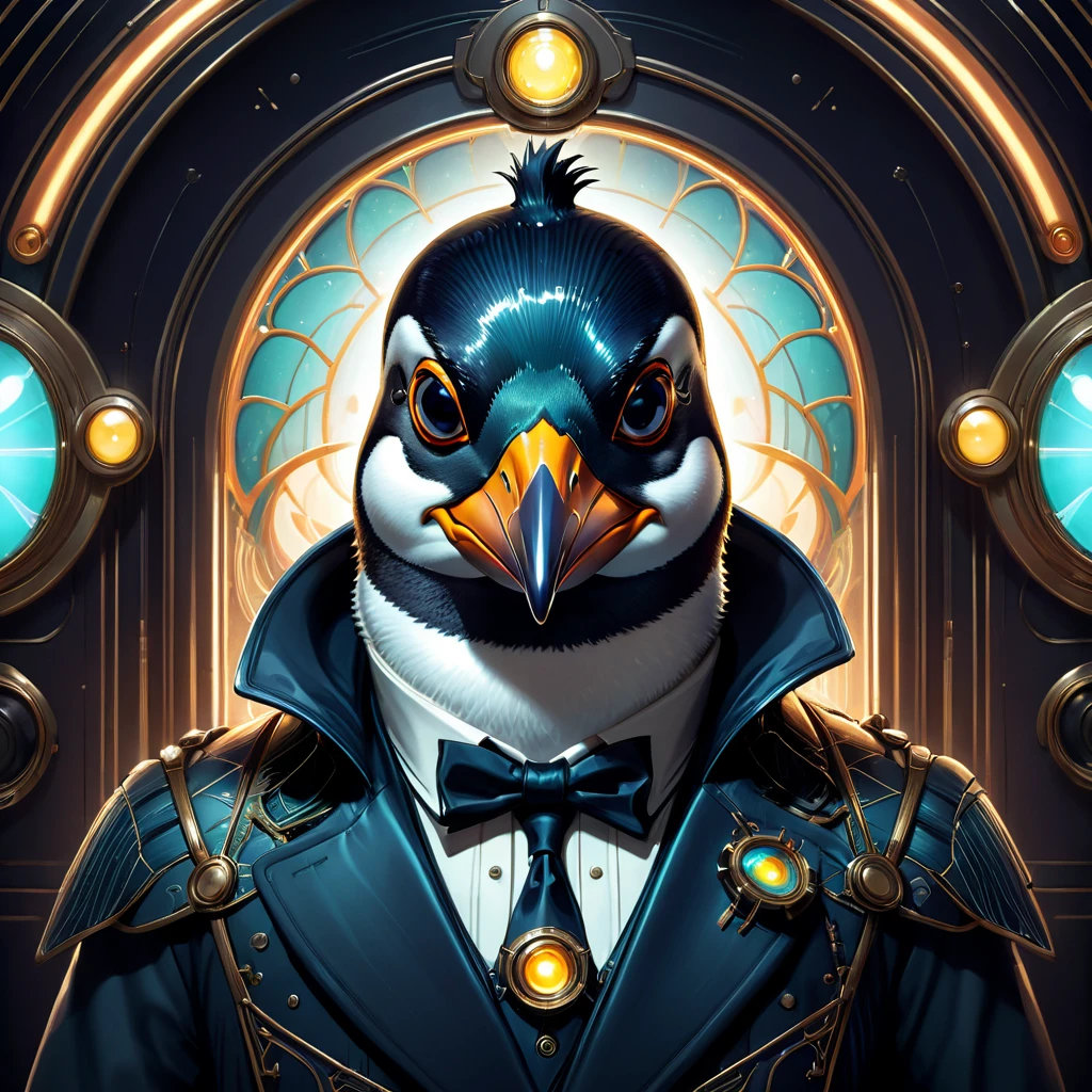 Symmetry, aesthetic, extremely detailed, symmetrical, Symmetry portrait of penguin from bioshock, vintage, sci-fi, tech wear, glowing lights intricate, elegant, highly detailed, digital painting, artstation, concept art, smooth, sharp focus, illustration, art by artgerm and greg rutkowski and alphonse mucha