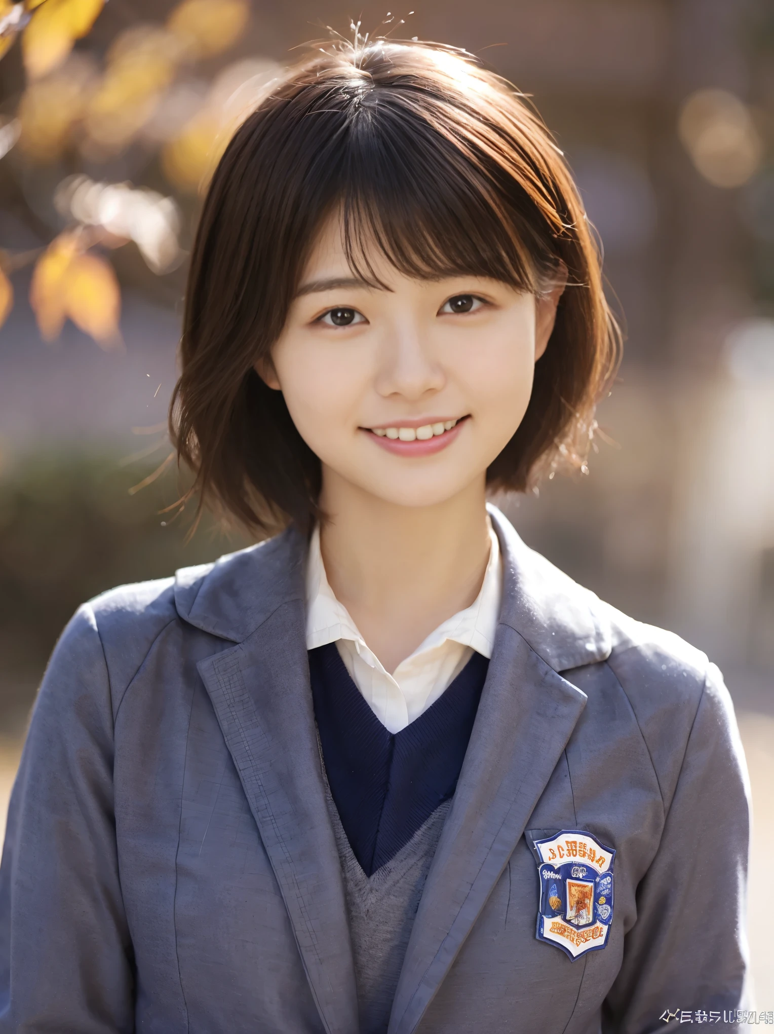 short cut hairstyle 、japanese women、autumn school building、thin脚、extraordinary beauty、cute face、best smile、cute smile、frontage、thin、School、 (Raw photo:1.2), (Photoreal:1.4),　beautiful detailed girl, very detailed目と顔, beautiful and fine eyes, huge file size, High resolution, very detailed, highest quality, masterpiece, ((Japanese girls&#39; high school uniform)), very detailed, CG, 8k wallpaper, grow, finely, highest quality, Hvery detailed CG uniforms、 light shines on your face、movie lighting、25 years old、big breasts