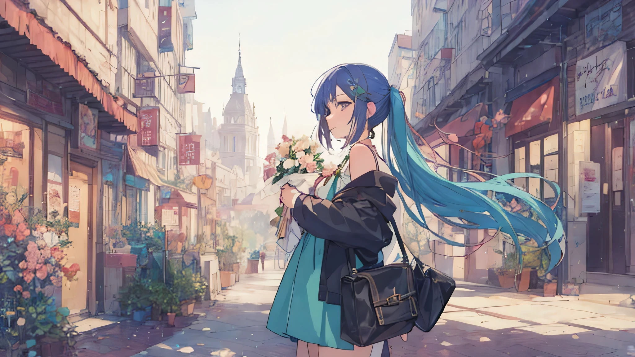 green髪,anime girl in the city, anime style 4 k, beautiful anime artwork, anime art wallpaper 4k, anime art wallpaper 4k, beautiful anime art, beautiful anime art style, dreamy psychedelic anime, anime art wallpaper 8k, anime wallpaper 4k, anime wallpaper 4k, anime style mixed with fujifilm, anime style. 8k,rich nature,green