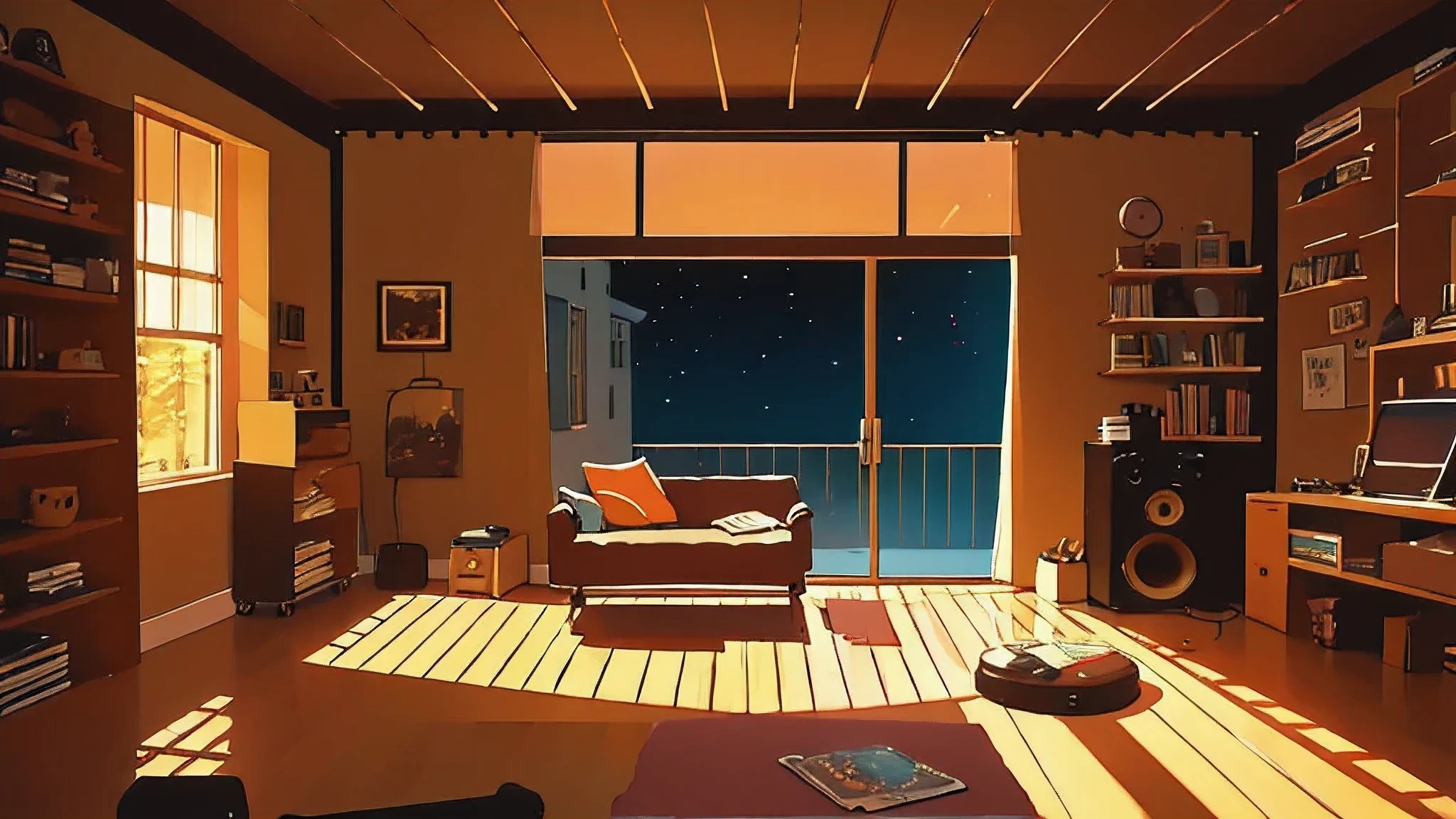 Create a dreamy LoFi banner depicting a cozy room with warm lighting, scattered vinyl records, and silhouettes of people enjoying music, avec le nom de la chaîne « LoFi Vibes » élégamment écrit dans une police manuscrite.