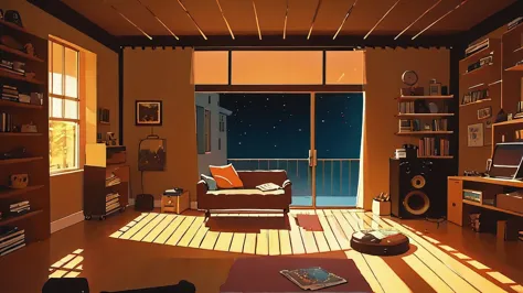 create a dreamy lofi banner depicting a cozy room with warm lighting, scattered vinyl records, and silhouettes of people enjoyin...