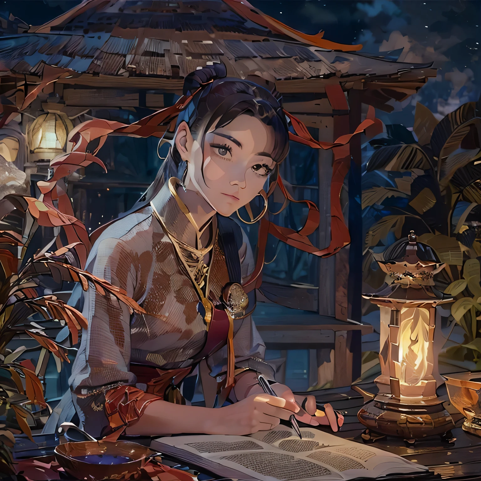 Photo of a beautiful girl in traditional Chinese dress, Looking at an ancient Chinese book under a lamp on a low table in the garden, surrounded by old walls on a quiet night,((her right hand is holding a pen, and the left hand lies on the table)),((Masterpiece)),Realistic,4k,extremely detailed,((Beautiful big eyes))