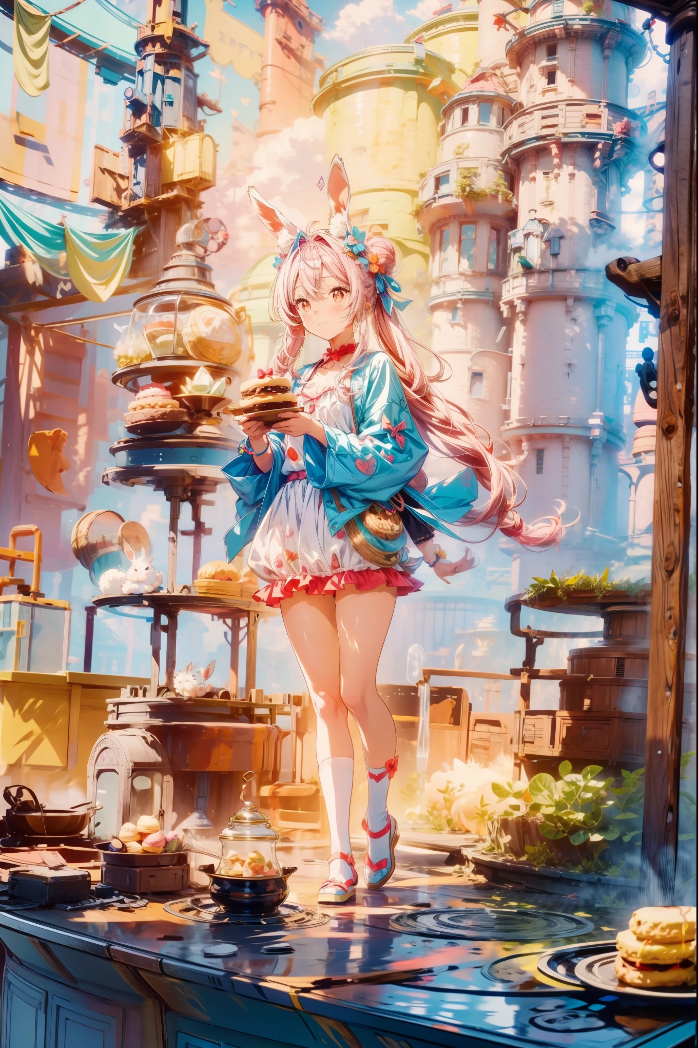 (cute illustration:1.5), There's also a rabbit. , cute  with rabbit ears, hair color is pink , blue pastel costume、fluffyの白ウサギを抱きしめる、Tea party、cake、 Macaron、donut、cookie、black tea、cute、cute 、sweet、fluffy、sweet、pale hue