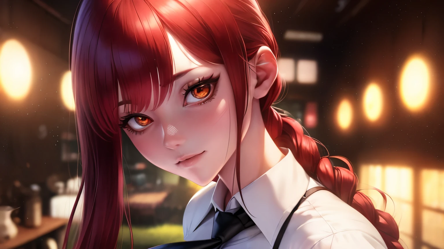 wince, longeyelashes, solid circle eyes, light smile, ear blush, red hair, full blush, drop shadow, stereogram, pov, atmospheric perspective, anime style, anime, cinematic lighting, depth of field, stereogram, chiaroscuro, masterpiece, anatomically correct, textured skin, super detail, high quality, 8k, best quality, award winning, woman, very long hair, makima, upper body, white shirt, black necktie, 1girl