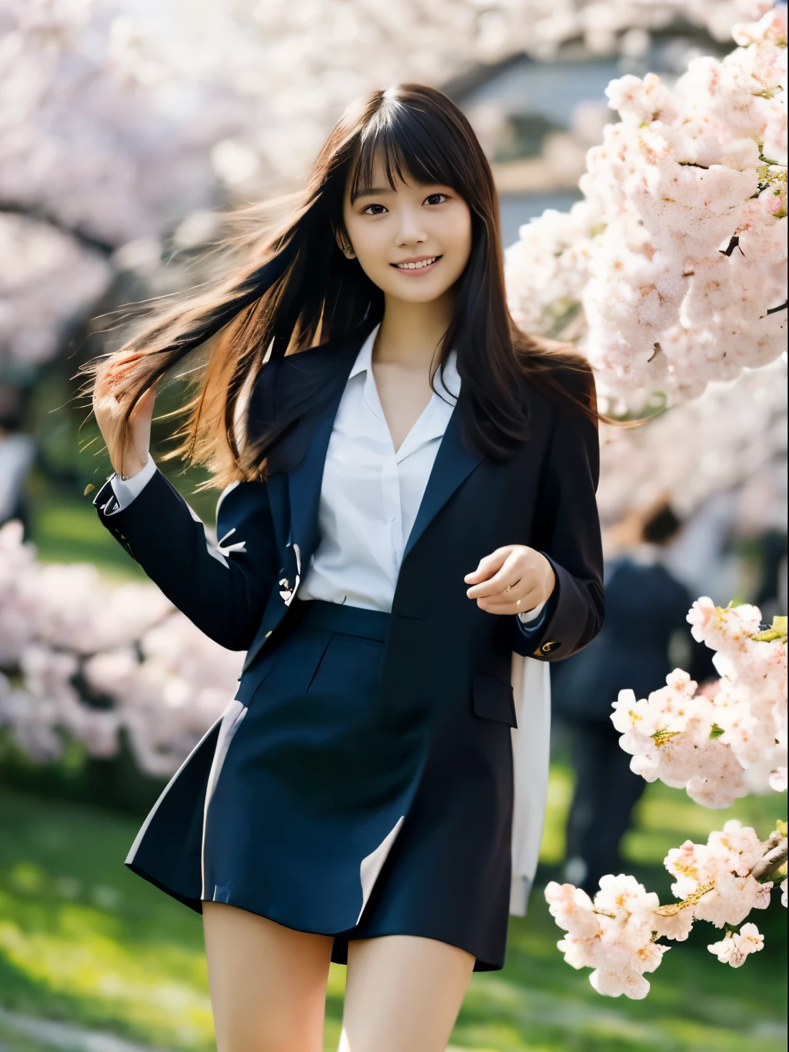 (Dressed in winter uniform、Close up portrait of one girl with slender small breasts and long hair dull bangs:1.5)、(One girl has a small smile、hair fluttering in the wind :1.5)、(Rows of cherry blossom trees in full bloom and cherry blossom petals dancing in the wind:1.5)、(perfect anatomy:1.3)、(no mask:1.3)、(full finger:1.3)、realistic、photograph、table top、highest quality、High resolution, delicate and beautiful、perfect face、beautiful and fine eyes、Fair skin、real human skin、pores、((thin legs))、(black hair)