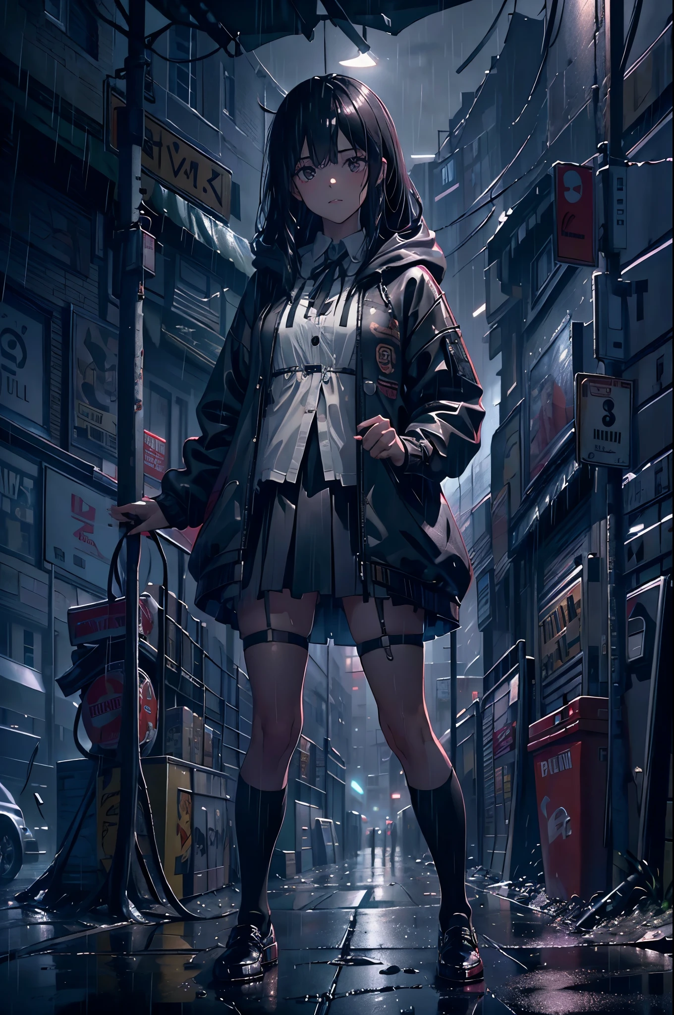 8K，tmasterpiece，Best quality，hyper-detailing，realistically，Extremely detailed face，movie lighting，ray traycing，unlit hair，
On cloudy streets，Corner store，foggy and heavy rain，A black man with long hair and black eyes，girl standing in the middle of the road，She was wearing a black convertible hooded jacket，White color blouse，Short black skirt and black garter belt，student shoes，Clothes soaked by rain，depth of fieldtent ），Cinema lens lighting，