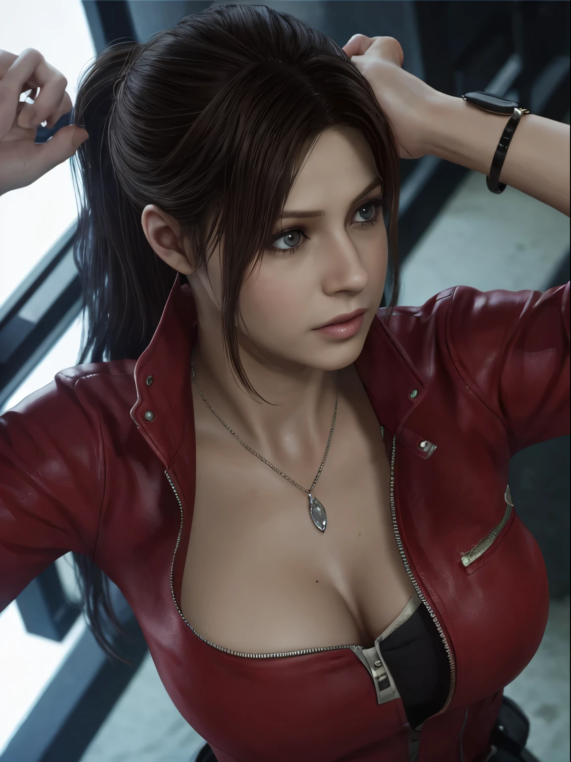 Claire Redfield, {{partie maîtresse, Meilleure qualité, CG extrêmement détaillé, Fond d&#39;écran Unité 8k, Éclairage cinématographique}},  1fille, Nouvelle femme, tout le corps, journée ensoleillée, beaux yeux détaillés, (gros seins, clivage), cul rond, regardant le public, long cils