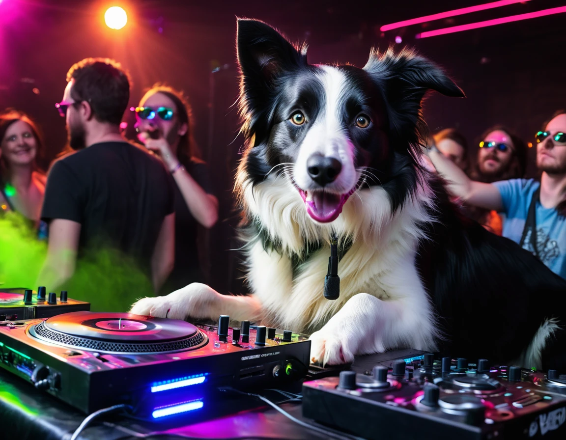 Border collie as DJ at rave party, Seamus, progressive, prog
