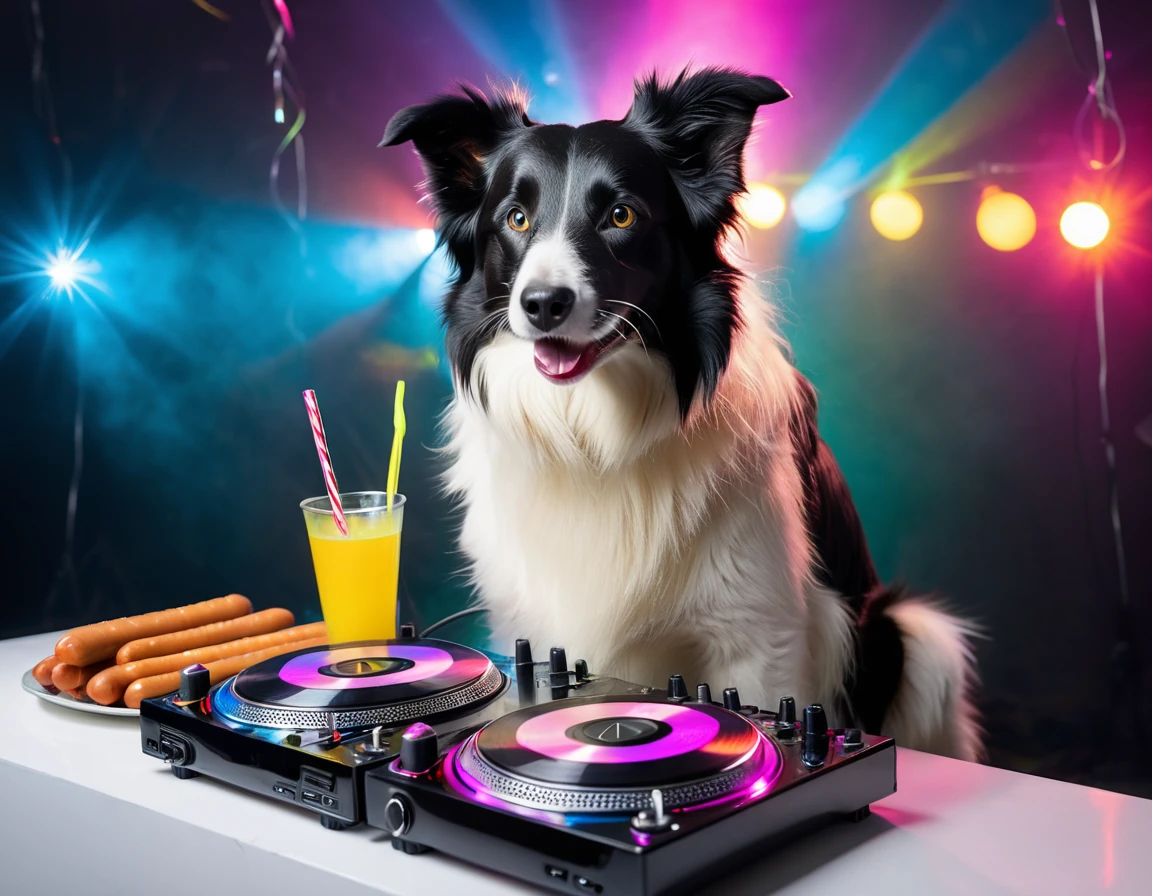 Border collie as DJ at rave party, Seamus, progressive, prog