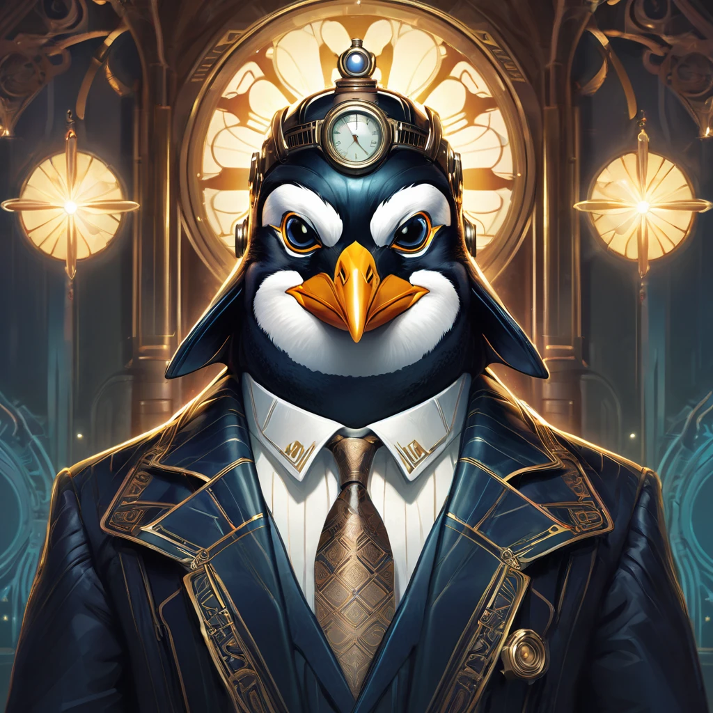 Symmetry, aesthetic, extremely detailed, symmetrical, Symmetry portrait of penguin from bioshock, vintage, sci-fi, tech wear, glowing lights intricate, elegant, highly detailed, digital painting, artstation, concept art, smooth, sharp focus, illustration, art by artgerm and greg rutkowski and alphonse mucha