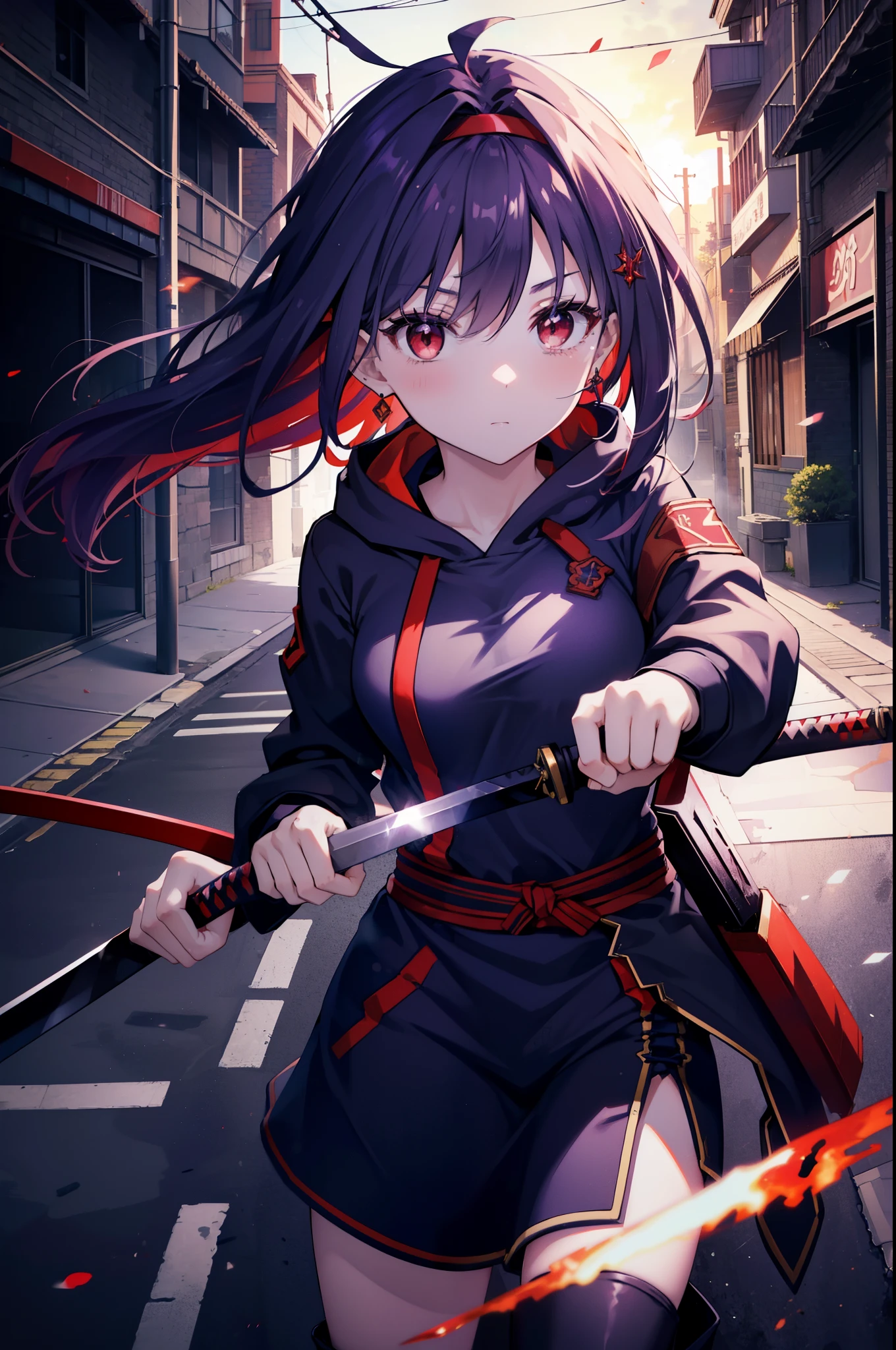 yuukikonno, Yuki Konno, hair band, long hair, pointed ears, purple hair, (red eyes:1.5), (small breasts:1.2), serious,close your mouth,His right hand holds the grip of a Japanese sword.,The left hand holds it from the scabbard.,Japan trying to pull out a sword,purple oversized hoodie　hood up,action pose, short denim pants,black knee high socks,short boots,rubble,explosive flame,become obsolete,
break looking at viewer, Upper body, whole body,
break outdoors, In town,building street,,
break (masterpiece:1.2), highest quality, High resolution, unity 8k wallpaper, (figure:0.8), (detailed and beautiful eyes:1.6), highly detailed face, perfect lighting, Very detailed CG, (perfect hands, perfect anatomy),