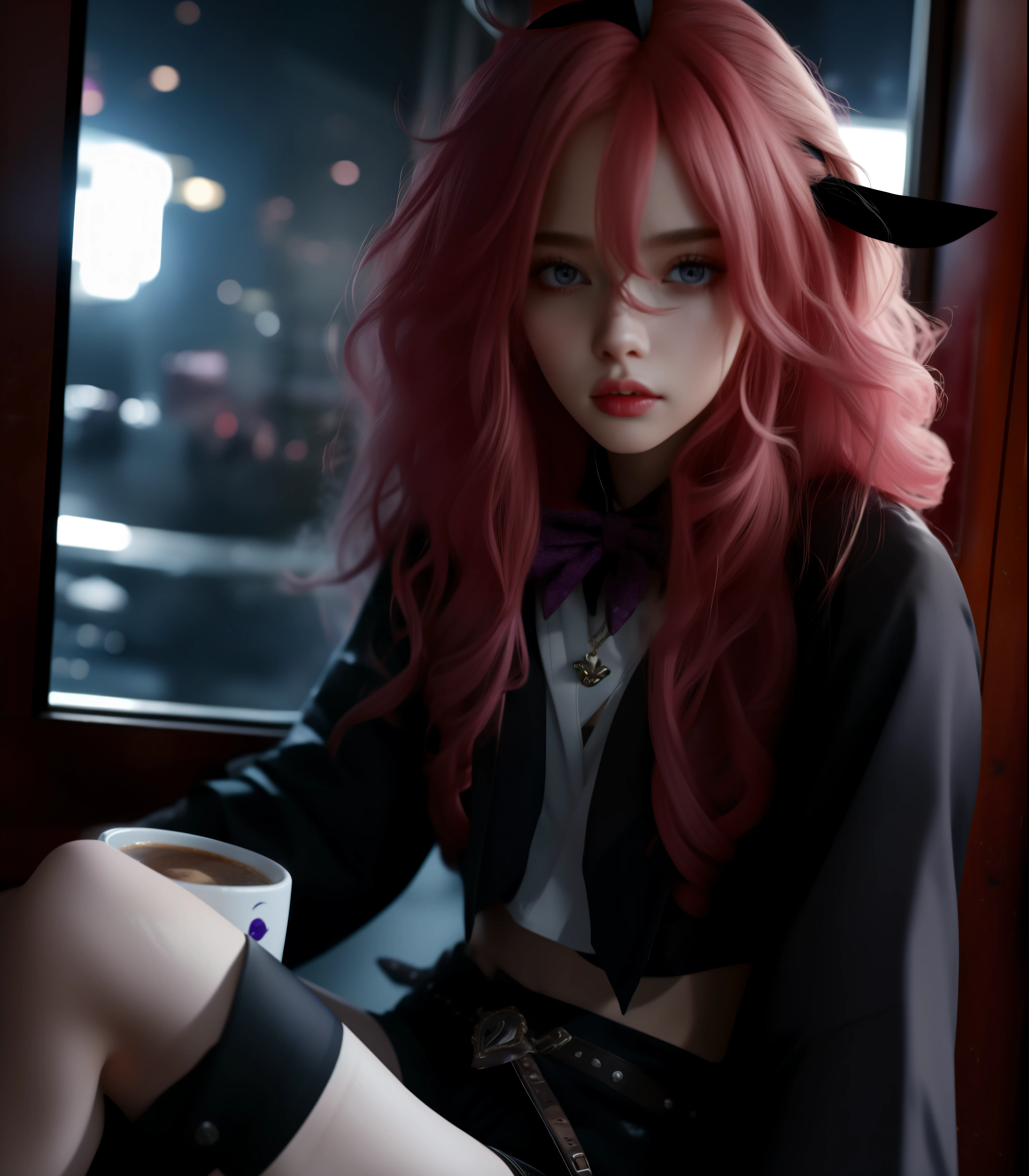 Keera, 1girl, pink hair, hair spread out, hair between eyes, very long hair, bowtie, parted lips, pointy ear, purple eyes, sleeves past wrists, black sleeves, black shorts, belt, detached sleeves, ahoge, heart necklace, navel, looking at viewer, (pov dating), coffe mug, window, night, steam,:o