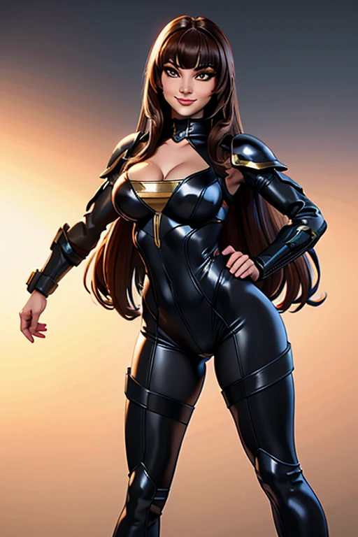 Best quality, 8k, vivid colors, best quality, 8k, woman, beautiful, big eyelashes, black straight long hair, bangs, looking to observer, little smile, cleavage,imperial soldier warrior,beige hi-tech armor over brown sheer nylon catsuit, static pose, white scenario