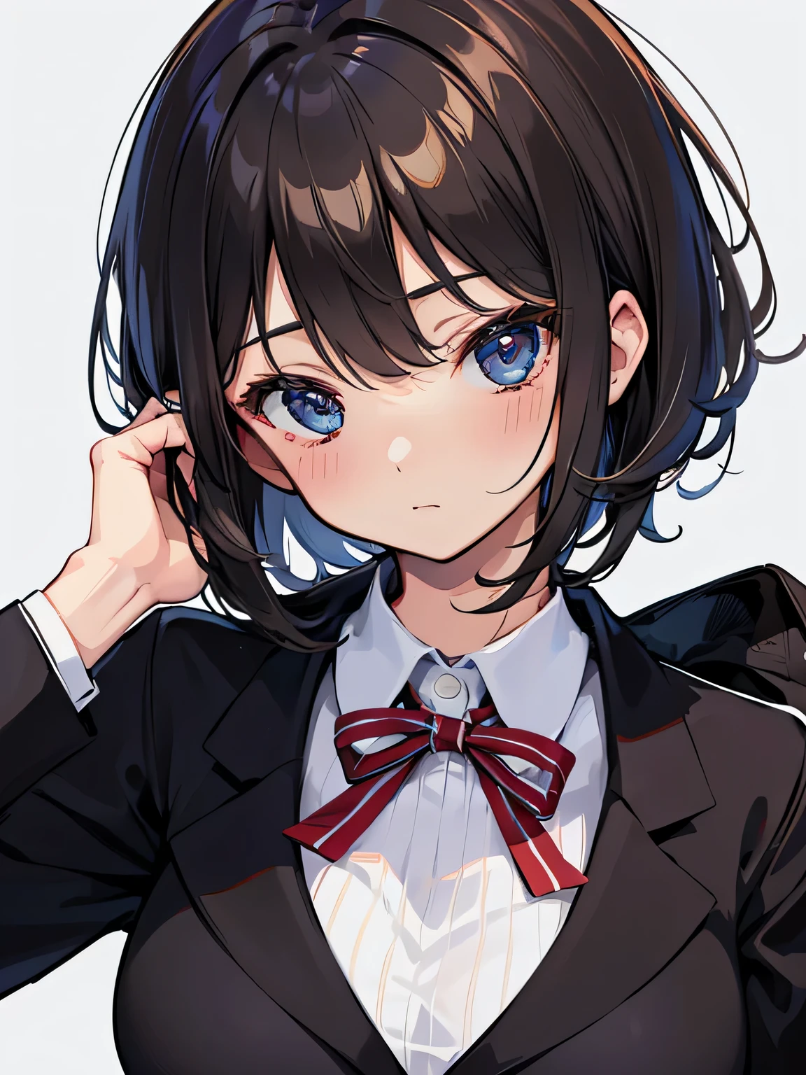 (highest quality), (Super detailed), (Best Illustration), (beautiful girl), (big breasts), (front), (Upper body), (black blazer), white background, blush all over the face, bob cut, brown hair, messy hair, hair between eyes, blue eyes