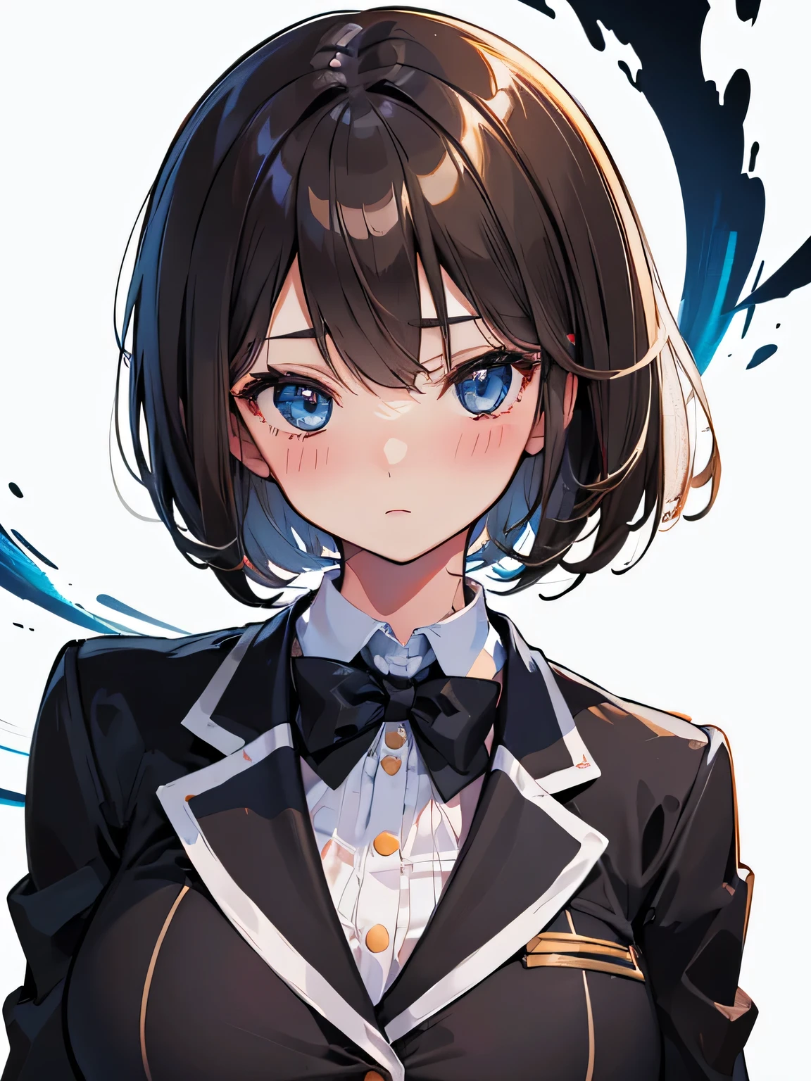 (highest quality), (Super detailed), (Best Illustration), (beautiful girl), (big breasts), (front), (Upper body), (black blazer), ((white background)), blush all over the face, bob cut, brown hair, messy hair, hair between eyes, blue eyes