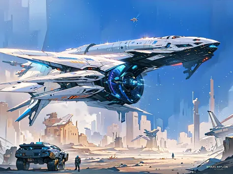 spaceship flying over a car in a desert area with a sky background, mass effect concept art, spaceship concept art, star citizen...