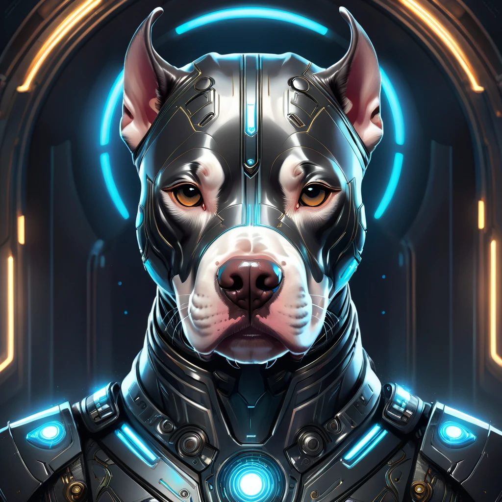 Symmetry, aesthetic, extremely detailed, symmetrical, Symmetry!! portrait of pitbull, sci-fi armour, tech wear, glowing lights!! sci-fi, intricate, elegant, highly detailed, digital painting, artstation, concept art, smooth, sharp focus, illustration, art by artgerm and greg rutkowski and alphonse mucha