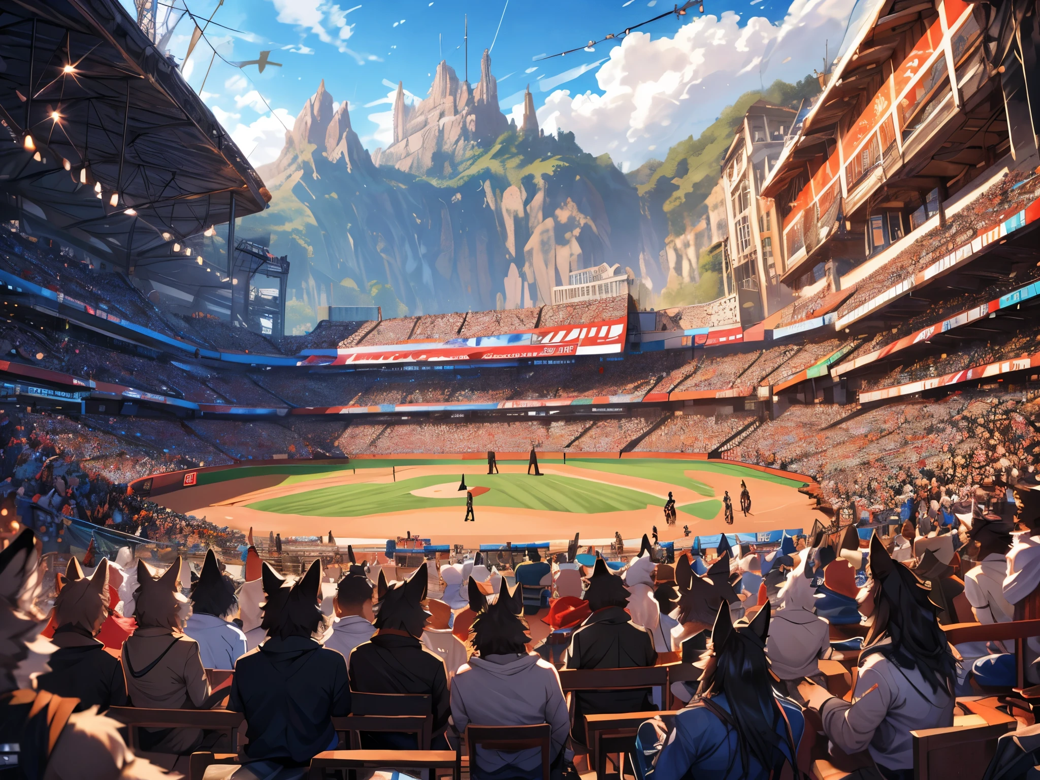 posted on e621, (by Chunie), male, Wolf anthro, Group, (Realistic eye details 1.2), anime character , group shot, group, 6+ boys group, top quality, best quality, High-quality illustrations, masterpiece, super high resolution, detailed background, detailed background, Watching Baseball, Happy, joyful, absurdres(highly detailed beautiful face and eyes)perfect anatomy(Photos taken with friends)(kemono, furry anthro), in a panoramic view, Abstract beauty, ultra detailed face, depth of field, motion blur, high details, high quality, award winning, HD, 16k, (best quality,4k,8k,highres,masterpiece:1.2),ultra-detailed,realistic:1.37,HDR,UHD,studio lighting,extreme detail description,professional,vivid colors,bokeh,lively atmosphere, natural lighting