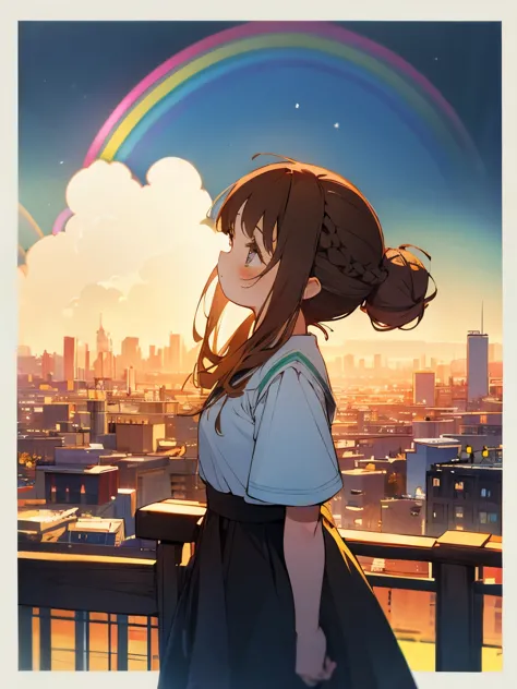 Cute girl, long brown hair, hair in bun, beautiful cityscape, rainbow, side angle.