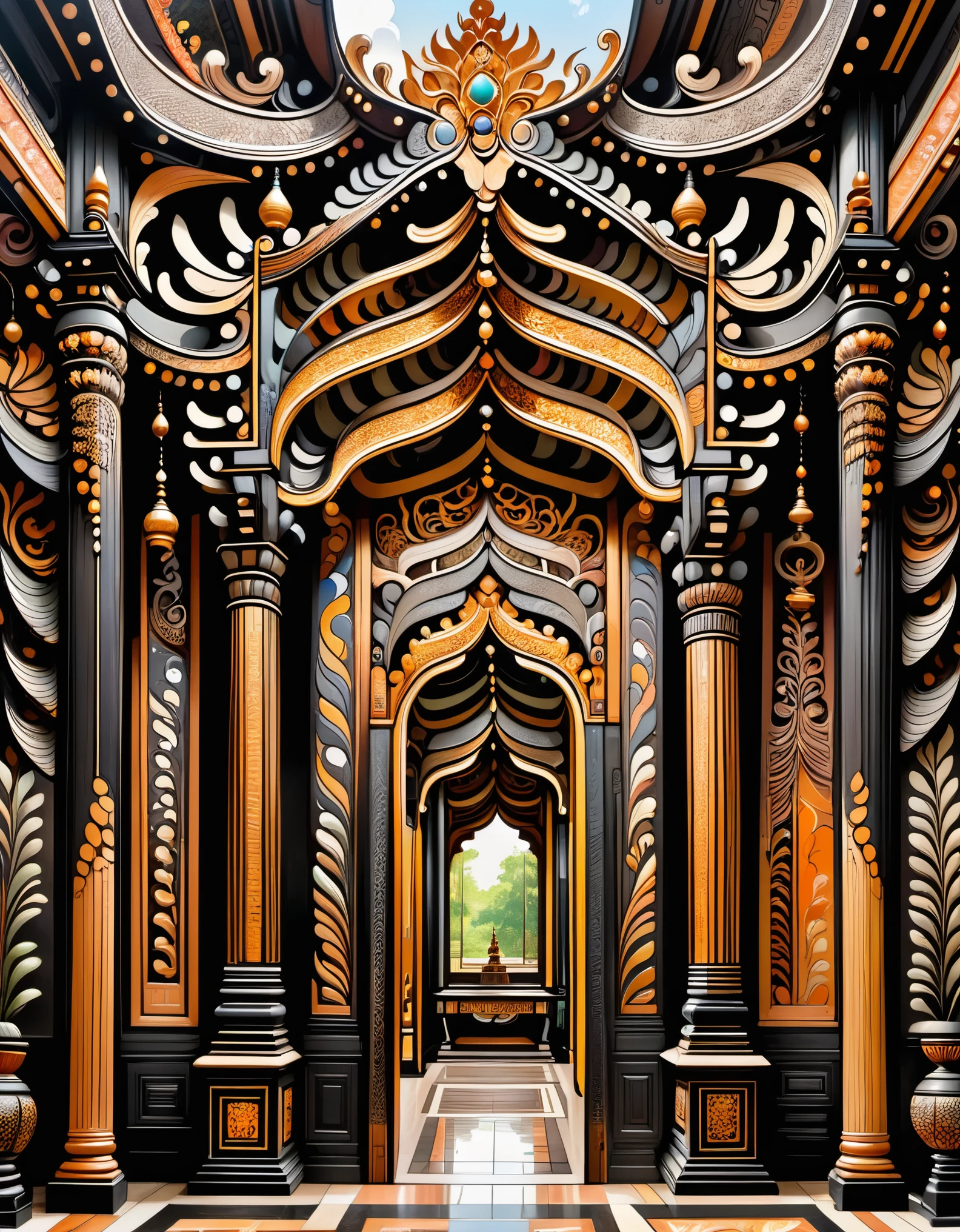 thailand's kings' palace, in the style of rustic renaissance realism, light black and brown, psychedelic surrealism:, hall of mirrors, traditional vietnamese, wood sculptor, organic architecture 