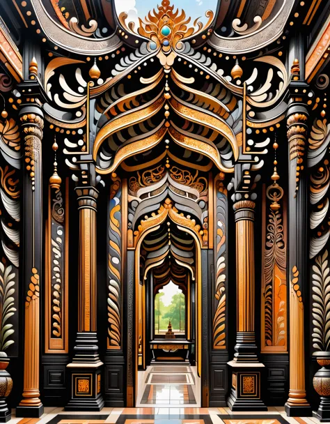thailand's kings' palace, in the style of rustic renaissance realism, light black and brown, psychedelic surrealism:, hall of mi...