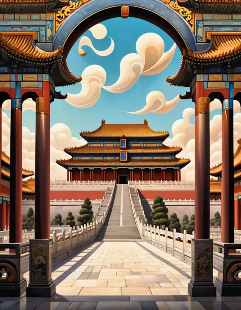 Business close-up of the Forbidden City Palace in China with flying arches, rustic renaissance realism, light blacks and browns,...