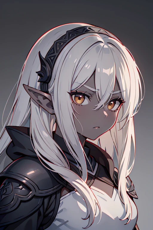 ((young Drow femelle)), cheveux blancs, ((yeux marrons)), Petits seins, athlétique, ((peau gris foncé color)), femelle, expression sournoise, oreilles d&#39;elfe, (Armure d'écailles fantastique), visage ultra détaillé, ((peau gris foncé)),
