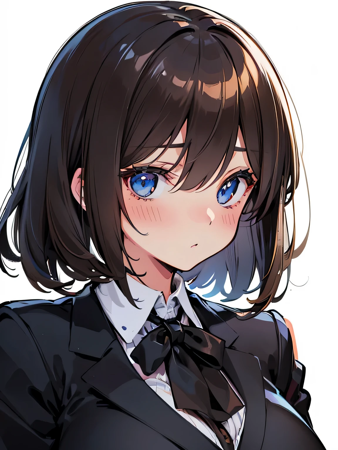 (highest quality), (Super detailed), (Best Illustration), (beautiful girl), (big breasts), (from the front), (Upper body), (black blazer), ((white background)), blush all over the face, bob cut, brown hair, messy hair, hair between eyes, blue eyes