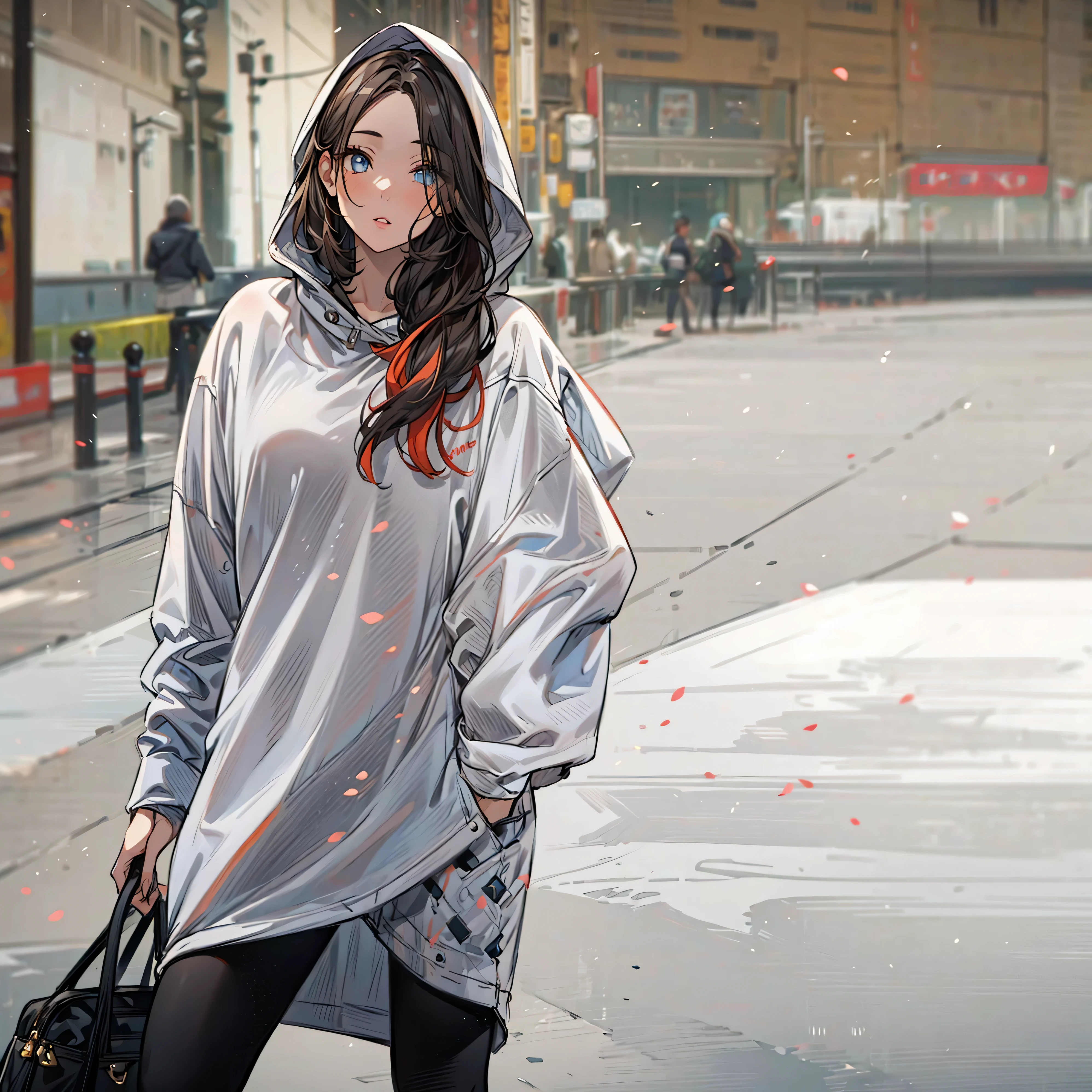 A girl wearing a light grey hoodie and black leggings, with an oversized hoodie, in casual modern clothing. The girl has beautiful detailed eyes and lips. The artwork is of the best quality, with 4K or 8K resolution, ultra-detailed, and realistic. The style of the artwork is portraits, with vivid colors and a sharp focus. The overall color tone is cool and modern. The lighting is natural and softly illuminates the girl.