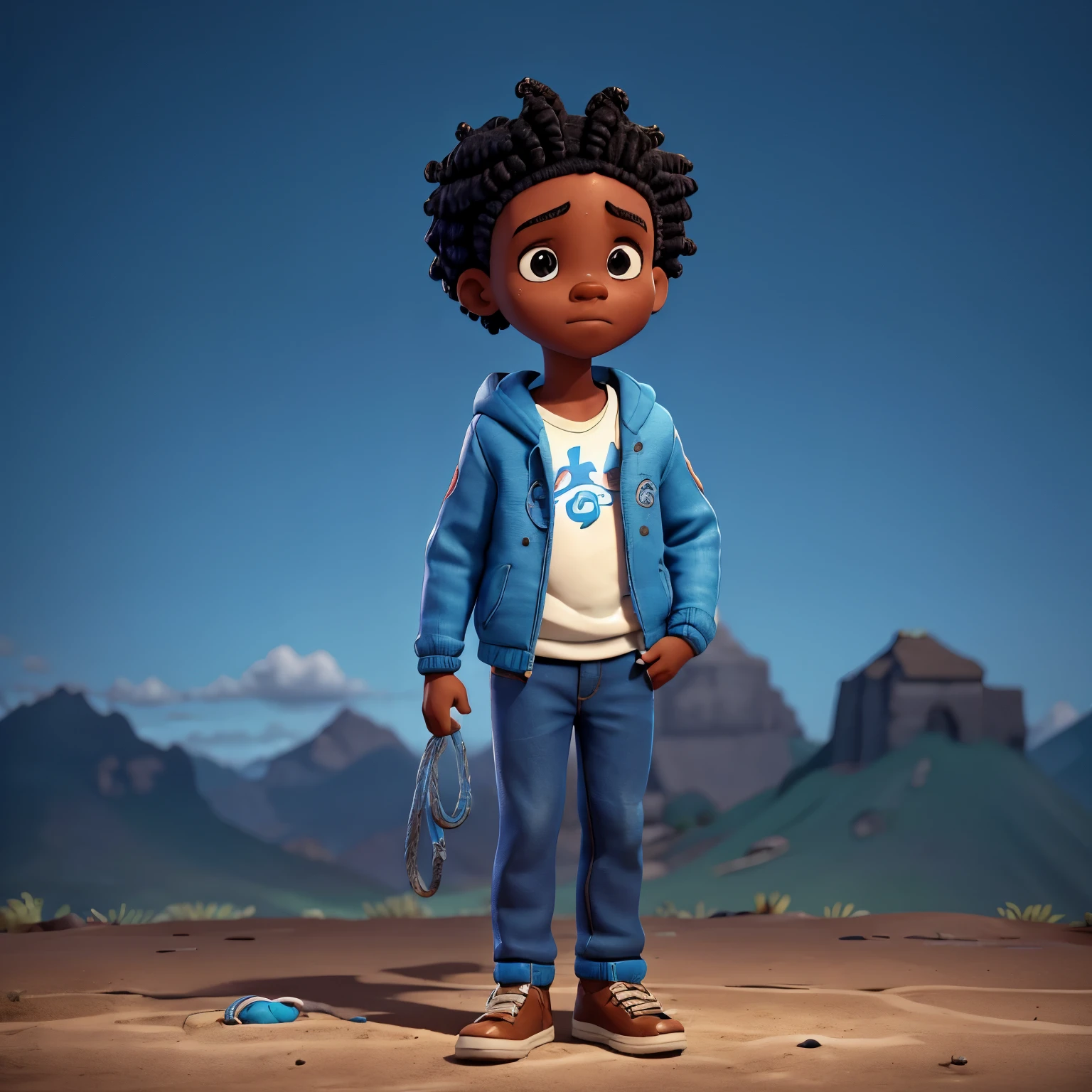 a boy, side position, back, afro braids, blue jacket, with hood, rope on his feet, sad, cartonized, cartoon image, HD.