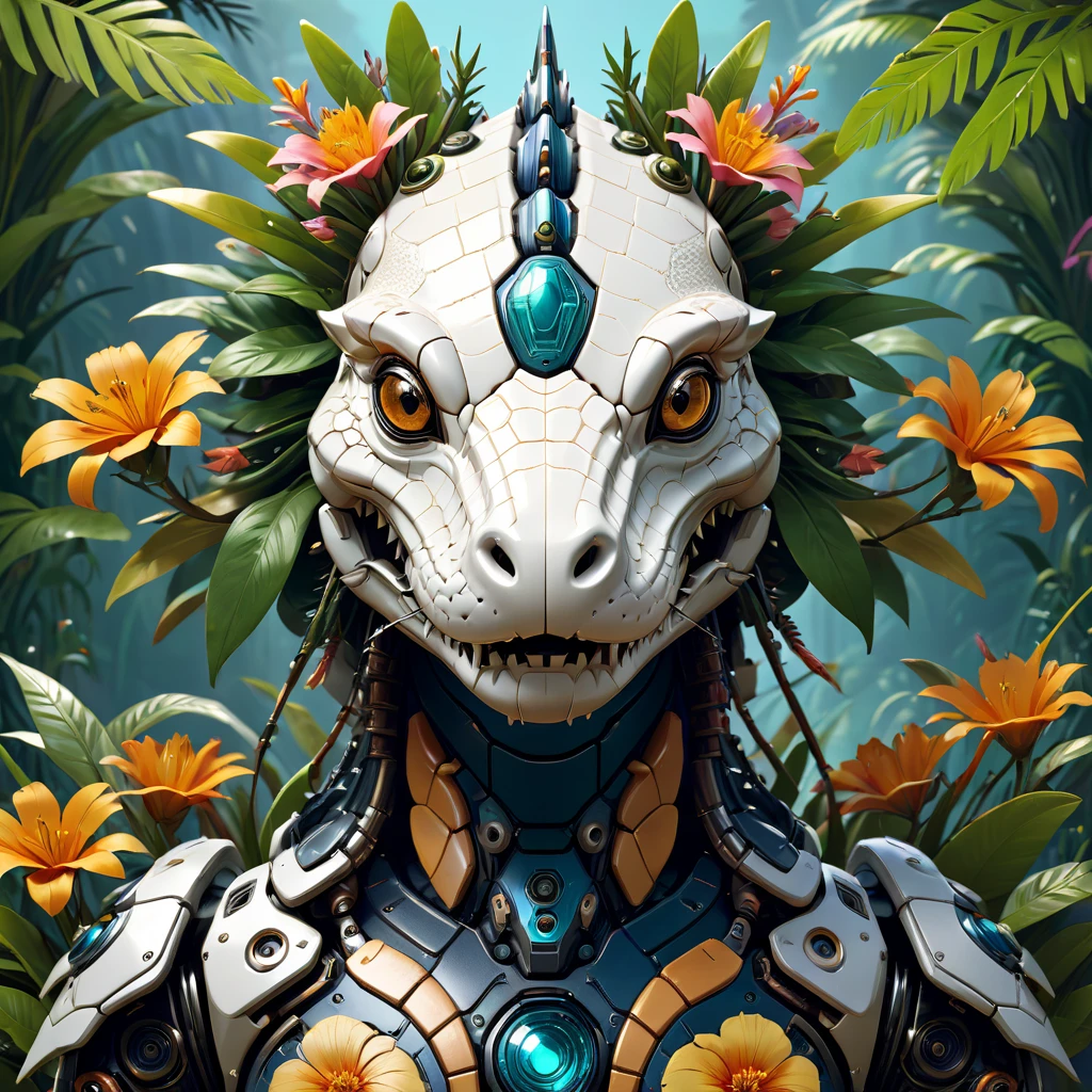 Symmetry, aesthetic, extremely detailed, symmetrical, Symmetry!! portrait of a robot crocodile, floral! horizon zero dawn machine, intricate, elegant, highly detailed, digital painting, artstation, concept art, smooth, sharp focus, illustration, art by artgerm and greg rutkowski and alphonse mucha, 8 k