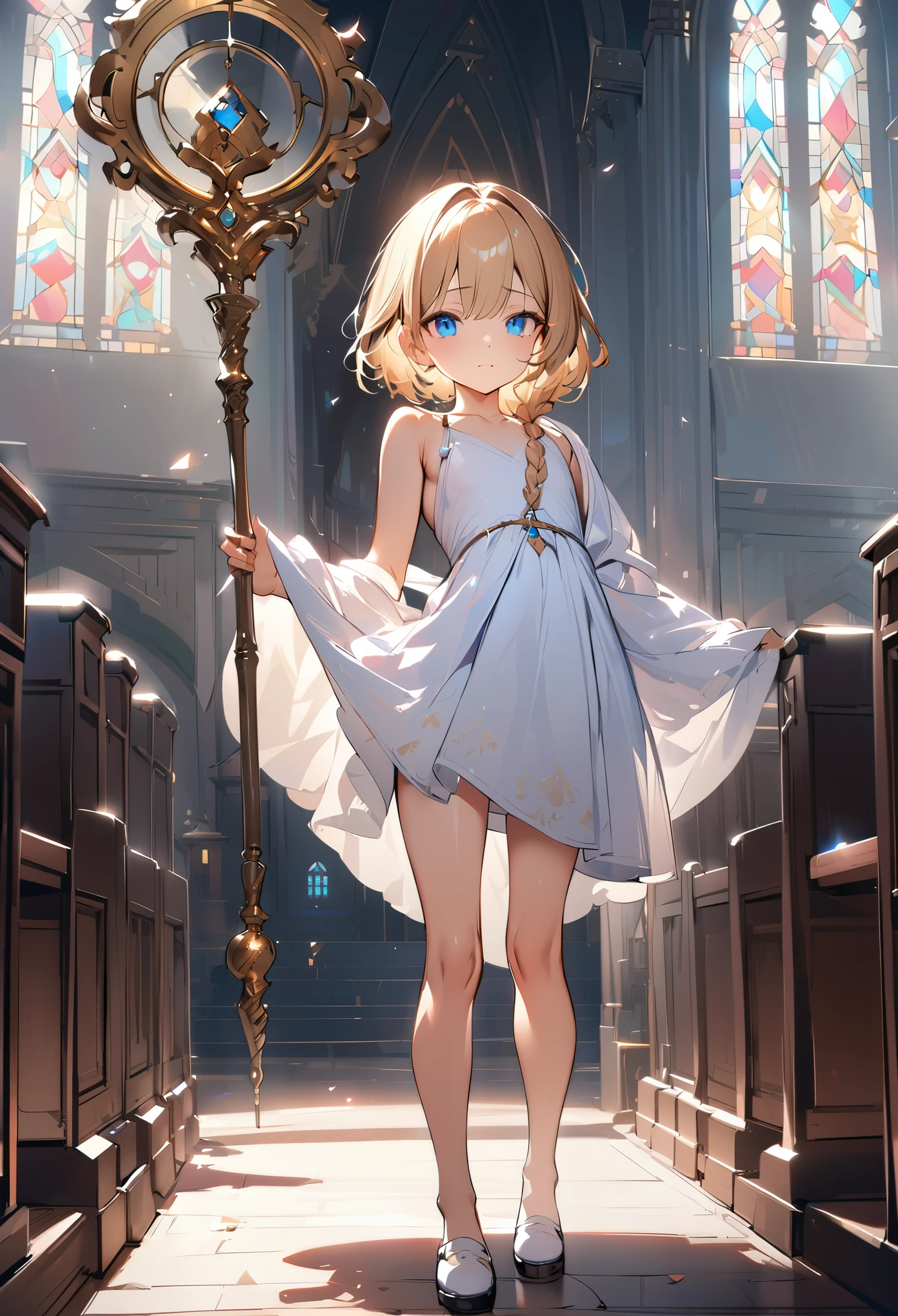 1boy, trap, blonde hair, long single back-length braid, blue eyes, flat chest, somewhat short person, white robes, bare legs, extremely girly boy, clutching golden staff, church background, textured skin, UHD, UHD, UHD, UHD, award winning, high details, incredible high-key lighting and shadows, masterpiece, incredible illustration