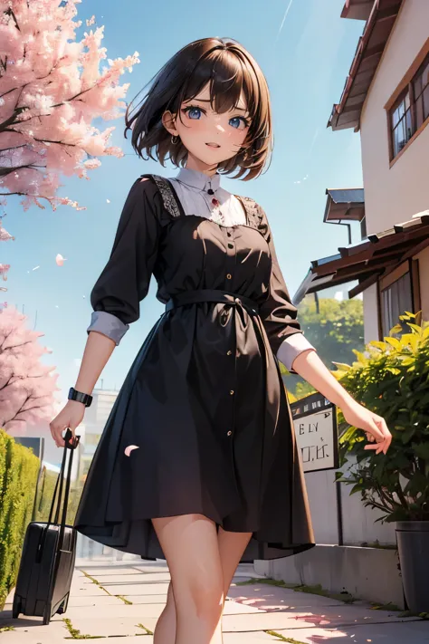 a woman, smiling, angle from below, casual dress, flowers, trees, walking on the street,