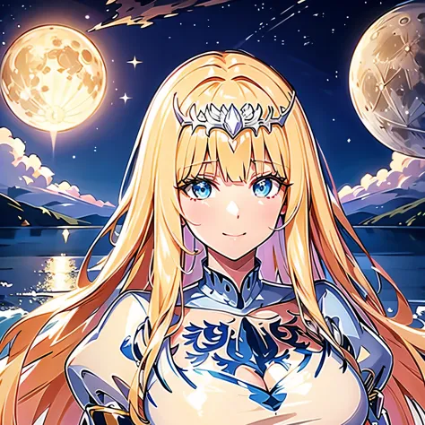 sparkling eyes,,feather hair ornament,Fantastic, highly detailed very beautiful big smile face, beautifully detailed hair, solo,superfine illustration,night sky,full moon,1girl, solo, Calca, Calca Bessarez, blonde hair, extremely long hair, very long hair,...