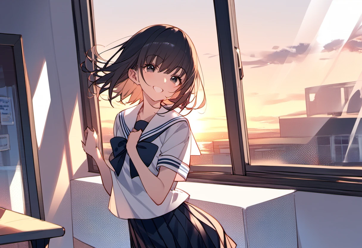 1girl, black hair、black eye、sailor suit、Japanese、classroom、sunset、emotional、stand near the window、standing pose、Look at me and smile、Backlight、smile、fluttering in the wind、the window is open、An unbroken masterpiece