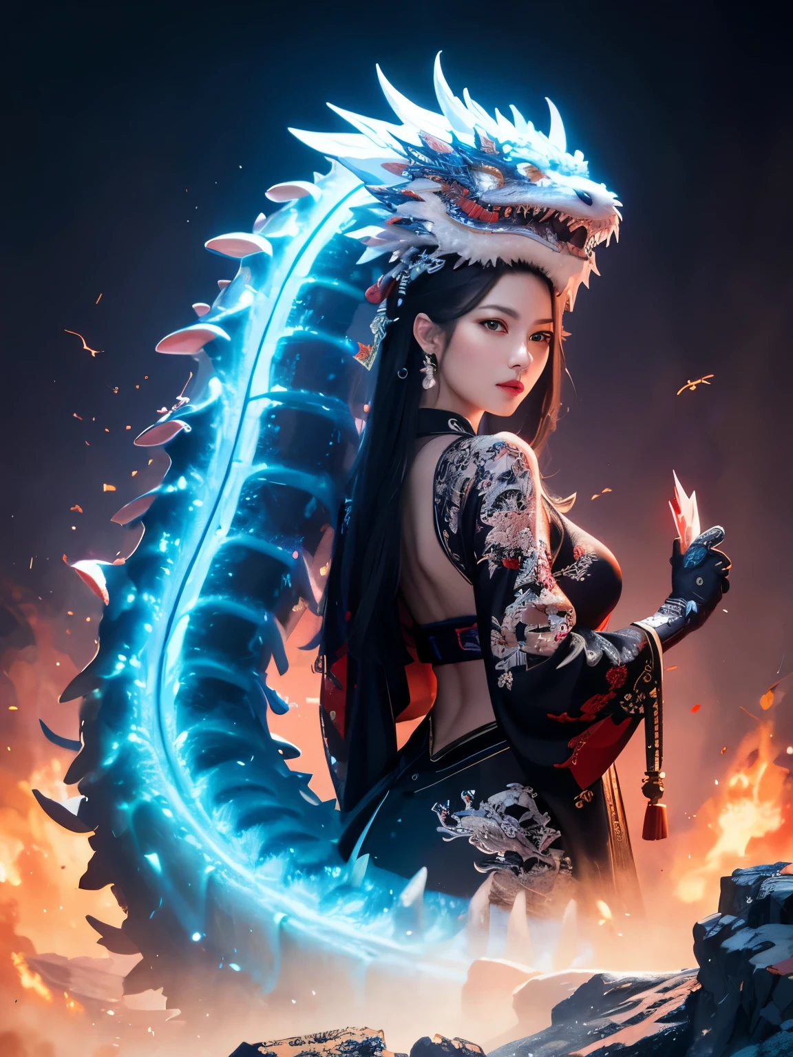 *8k masterpiece, top quality, best quality, official art, (Beauty and Aesthetics: 1.3), Very detailed, (Fractal art: 1.3), rich and colorful, Ice and Chinese Dragon, Serpentine, nail, blue and 1 Woman, Han women’s media, Hanfu, blue