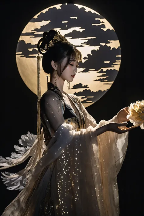 Vibrant rim light, In a country full of magic, Silhouette of a Chinese girl illuminated, Gorgeous and luxurious Hanfu，As if radi...