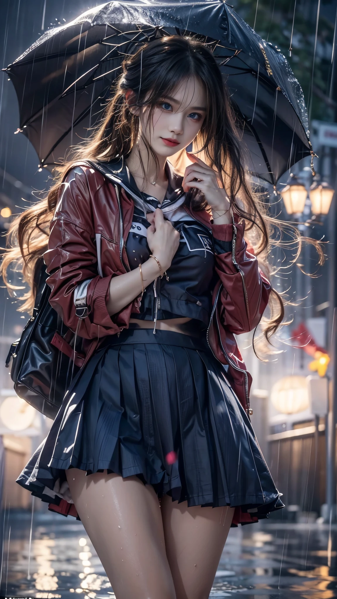 (RAW shooting, Photoreal:1.5, 8k, highest quality, masterpiece, ultra high resolution), perfect dynamic composition:1.2, street corner at night, look up at the sky, (((Typhoon heavy rain))), Highly detailed skin and facial textures:1.2, Slim high school girl wet in the rain:1.3, sexy beauty:1.1, perfect style:1.2, beautiful and aesthetic:1.1, Fair skin, very beautiful face, (water droplets on the skin, rain drips all over my body:1.2, wet hair:1.4, wet uniform:1.2), (Medium chest, bra is see-through, Chest gap), (embarrassing smile, The expression on your face when you feel intense caress, Facial expression when feeling pleasure), (beautiful blue eyes, Eyes that feel beautiful eros:0.8), (Too erotic:0.9, Bewitching:0.9), cowboy shot, student bag