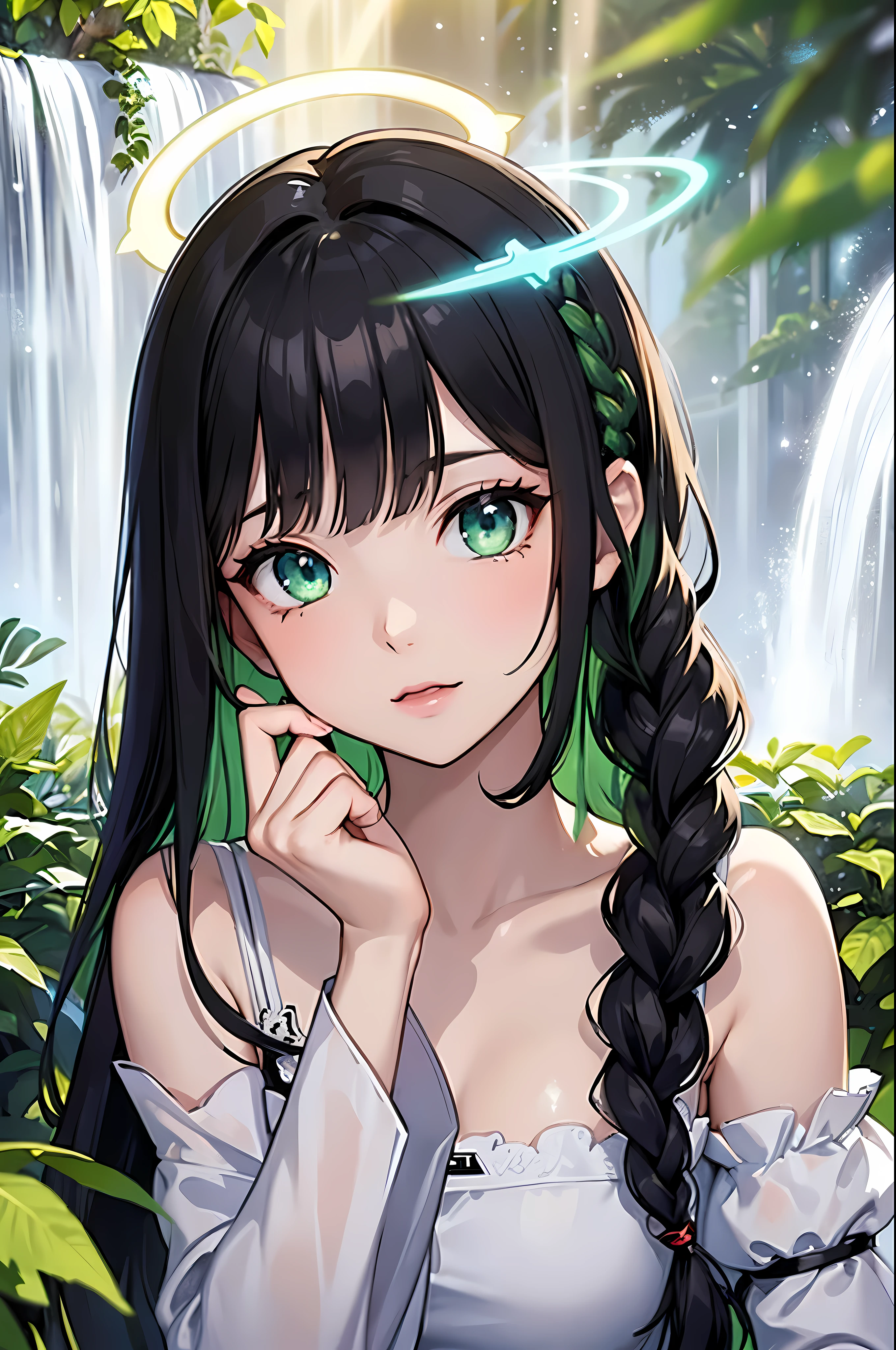 table top, outstanding picture, illustration, 1 girl, sexy, Hands with perfect detail ,4 fingers and 1 thumb ,break,(dynamic lighting: 1.2), cinematic light, delicate facial features, (beautiful eyes: 1.2), (bright green eyes: 1.233), waterfall braid, Very long black hair, depth of field, background bokeh, clear focus, (very detailed, halo, glow: 1.4), length hair, beautiful woman face, (bare shoulders: 1.1), white dress,  delicate and gorgeous, (slit sleeve, wide sleeves), lush green hairpin , enlargement