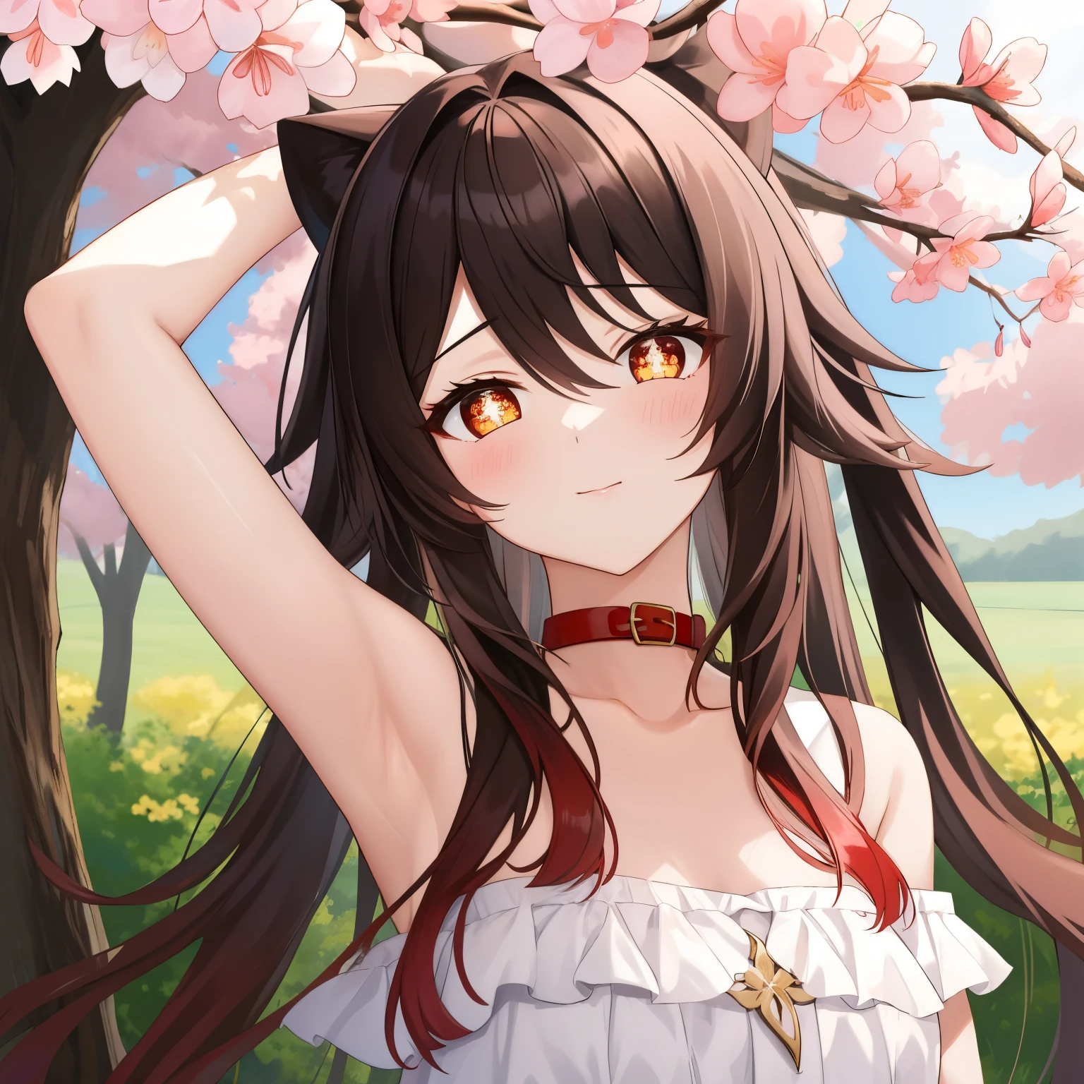 HuTaoV4,1girl,solo,long hair, off shoulder, collar bone, look at viewer, perfect fingers, armpit peek, Beautiful flowers bloom, (sparkles), (There is a blooming sakura)，standing under a tree, (head looking up), Look at the tree, Natural soft light, macaron, Still ethereal, Crisp and smooth lines, radiant morning light, soft luminescent glow, armpit peek,