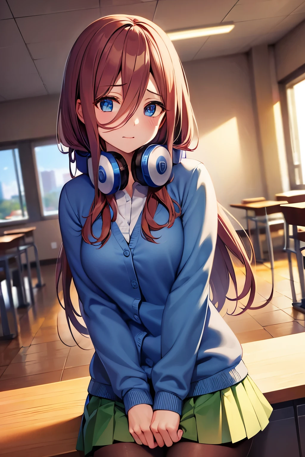 mikunakano, miku nakano, pelo largo, Golpes, blue eyes, Pelo castaño, camisa, pelo entre los ojos, Auriculares, cardigan, Auriculares around neck,
falda ROMPER, camisa, mangas largas, white camisa, pantys, falda plisada, black pantys, cardigan, falda verde, blue cardigan,
romper en el interior, aula,
descanso mirando al espectador, BREAK (obra maestra:1.2), mejor calidad, Alta resolución, fondo de pantalla de unidad 8k, (ilustración:0.8), (hermosos ojos detallados:1.6), cara extremadamente detallada, Iluminación perfecta, CG extremadamente detallado, (manos perfectas, anatomía perfecta),