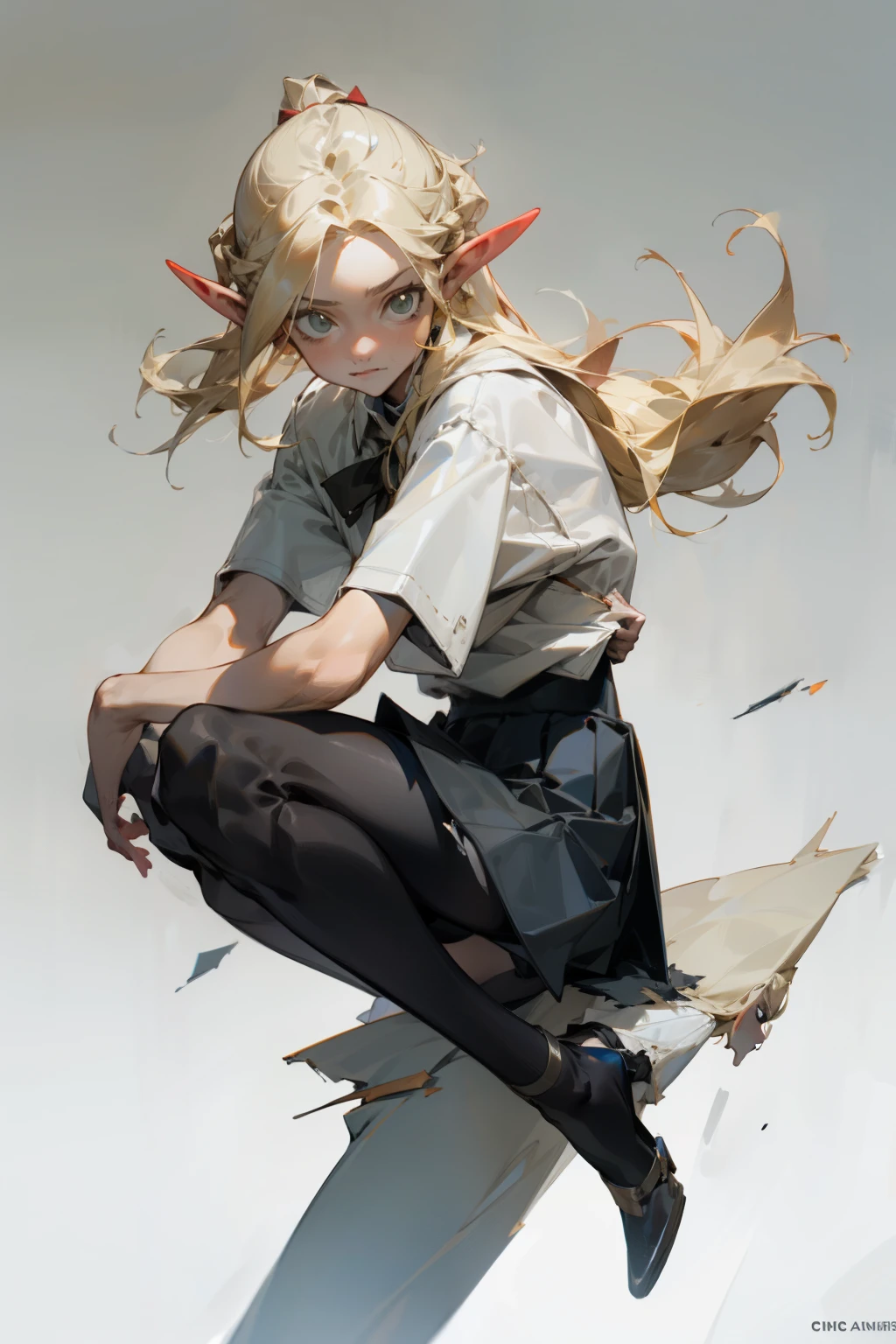 (masterpiece, best quality) detailed, Wearing black tights, silver accessories , blonde ,elegant, pointed ears ，white shirt，torn clothes，pistol，pleated skirt