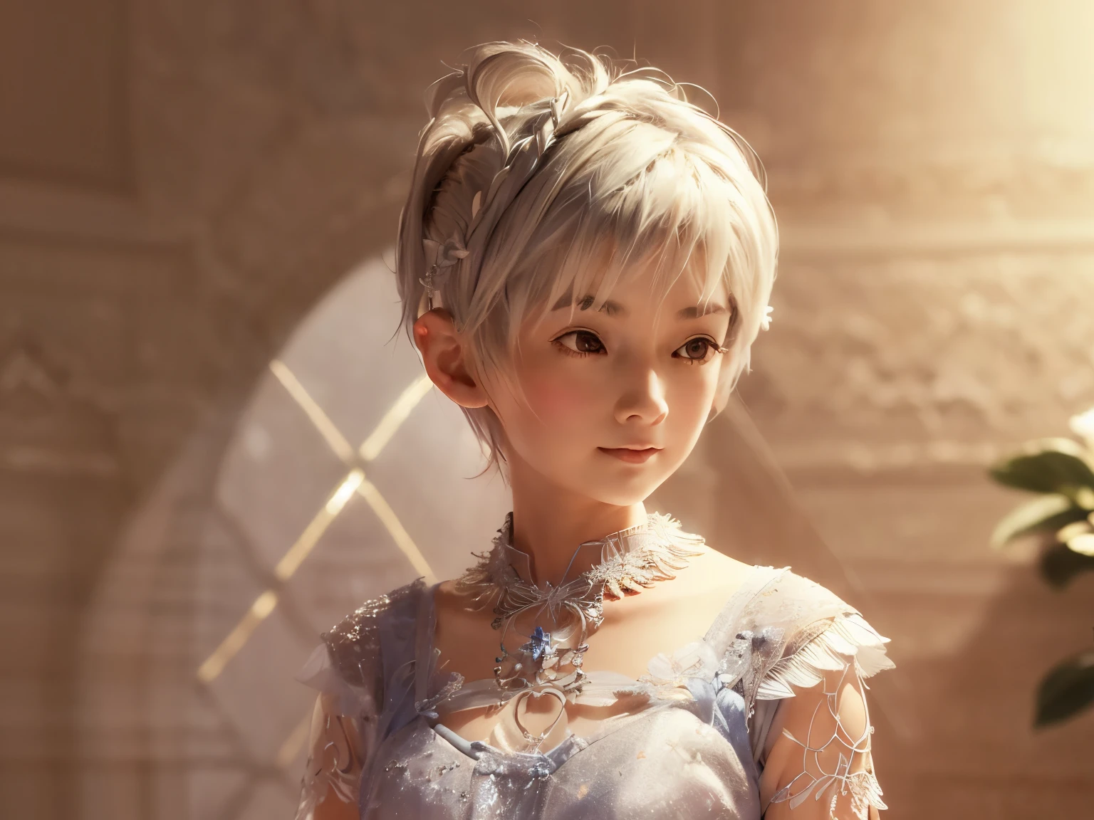 (Highly detailed CG Unity 8k wallpaper, masterpiece, highest quality, Super detailed), (best illumination, best shadow, very delicate and beautiful), nice, dynamic, and original young girl characters (dynamic pose) and silver (pixie cut hair: 1.3) Something that reflects light beautifully.
