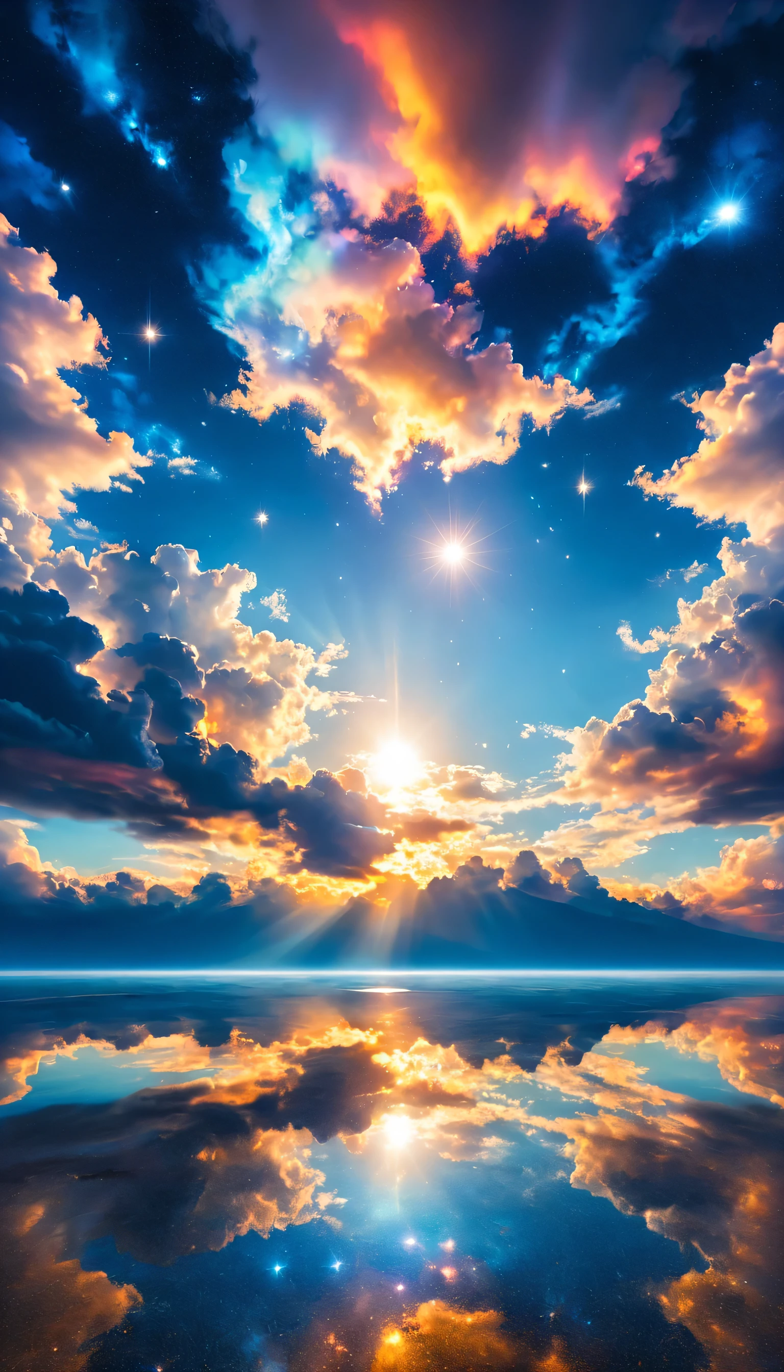 The sky is reflected in the mirrored sea,reflection,symmetry,Uyuni,moonlight,A beautiful sky spreads out,dream-like,,cloud,,Marine blue,wonderful景色が広がります,,Highestの時間をあなたに,Highest品質,photograph,structurally correct,perfect composition,広告用に撮影されたphotograph,beautiful light and shadow,Photographed by a professional photographer,Highestの景色に選ばれた,rich colors,Cast colorful spells,become familiar with,wonderful,wonderful,light effect,Sparkling,reflection,night,night空,star,Highest