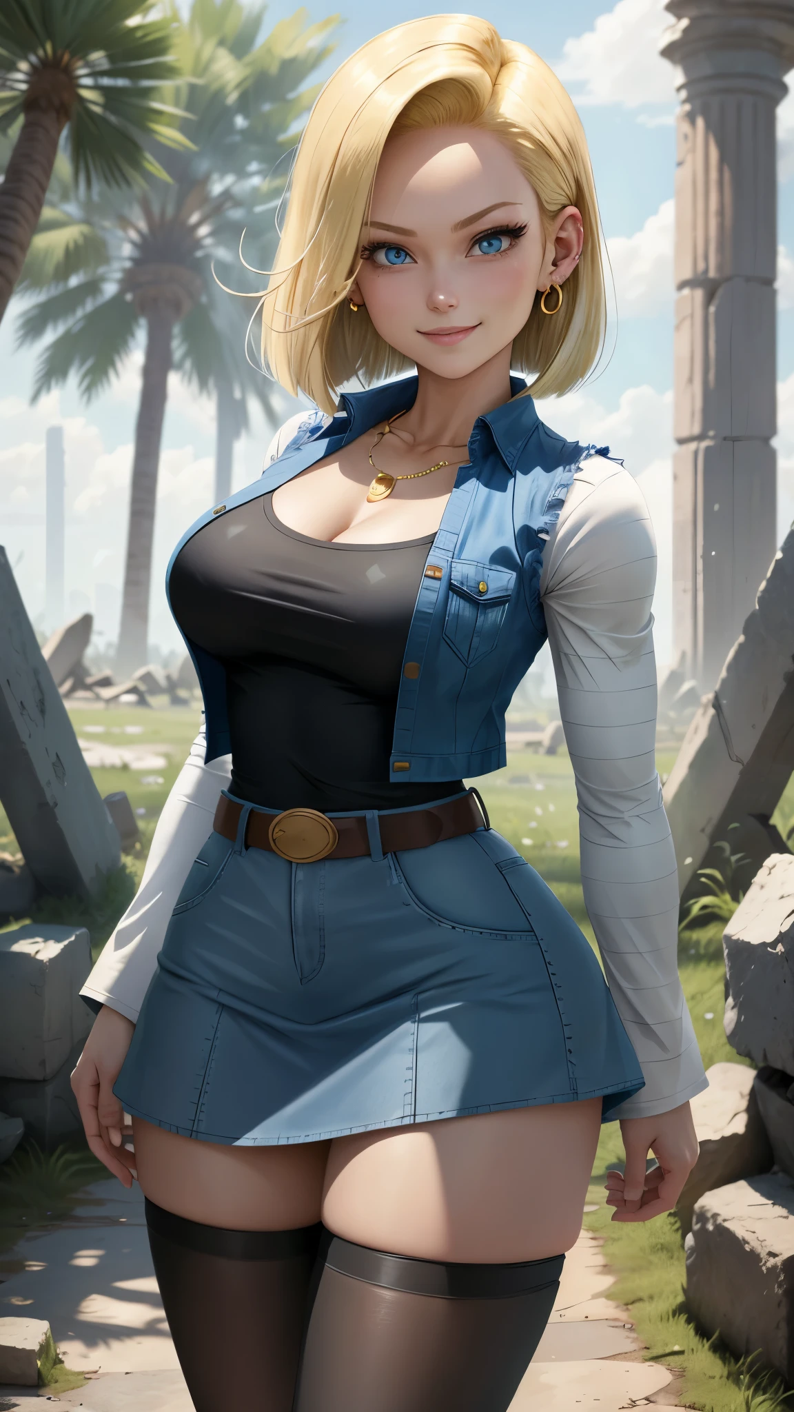 best quality, high-res, and18, 1girl, android 18, solo, blonde hair, blue eyes, belt, blue demin bodycon micro skirt, gold necklace, black shirt, short hair, long sleeves, white striped sleeves, earrings, open vest, blue denim vest, large breasts, cowboy shot, forest, straight-on, (weather: windy), combat stance, full length pantyhose, battle ruins, wide hips, shy smile,