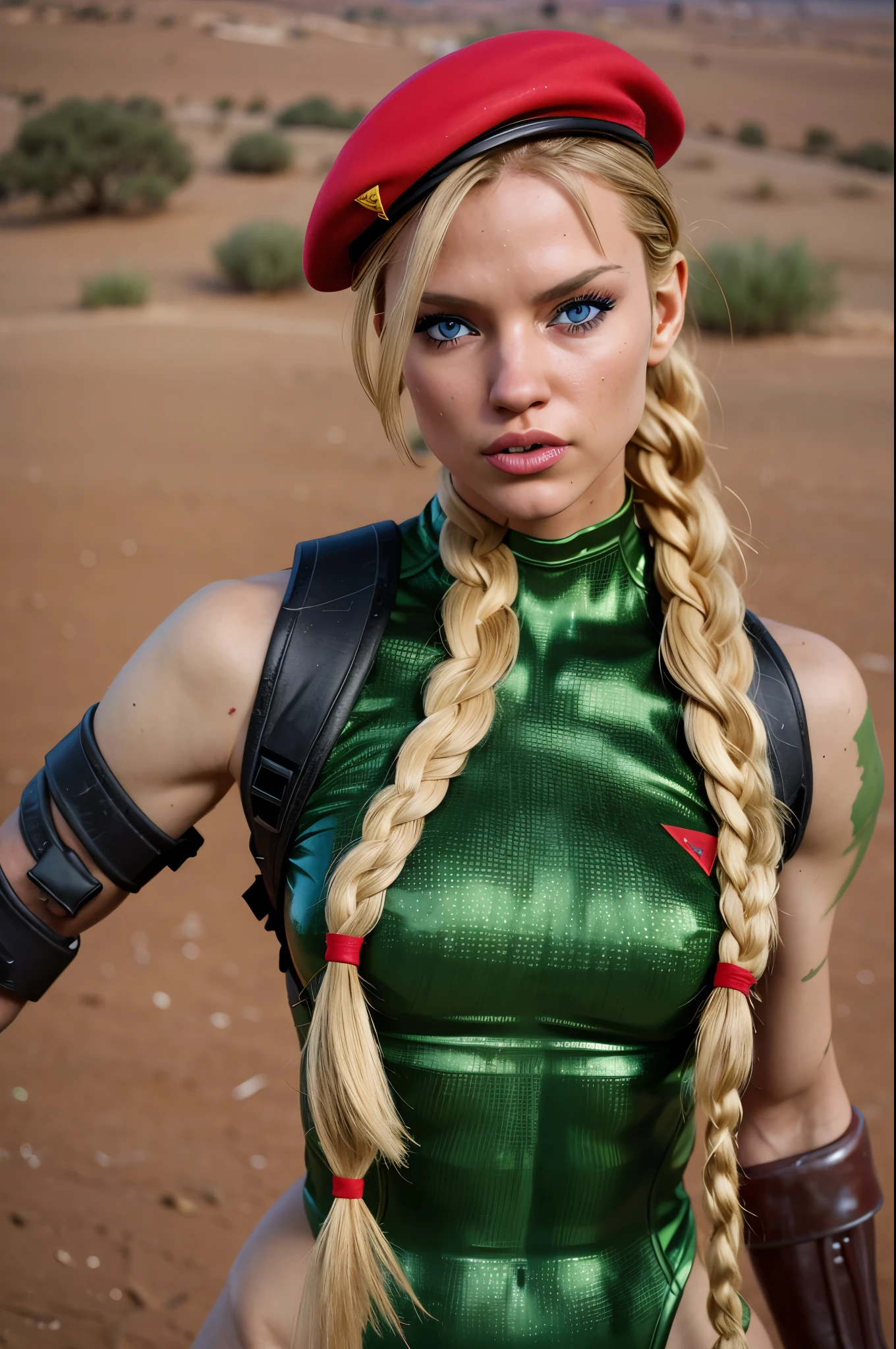 Photo de cammyst dans le désert, Avec ses longs cheveux blonds, yeux bleus, et un justaucorps vert, debout en toute confiance tout en portant un béret rouge et une tresse élégante, regarder directement le spectateur.
